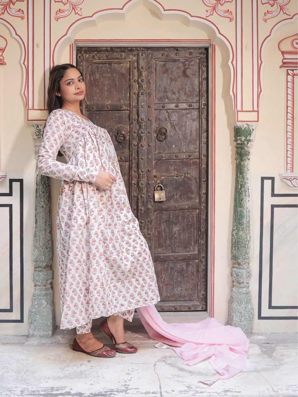 Gulbahaar Ivory Pink Anarkali Set  Cotton Handblock 3-Piece Suit for Women  | Krutico