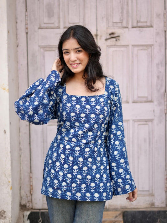 Sky Flora Cotton Square Neck Short Kurti