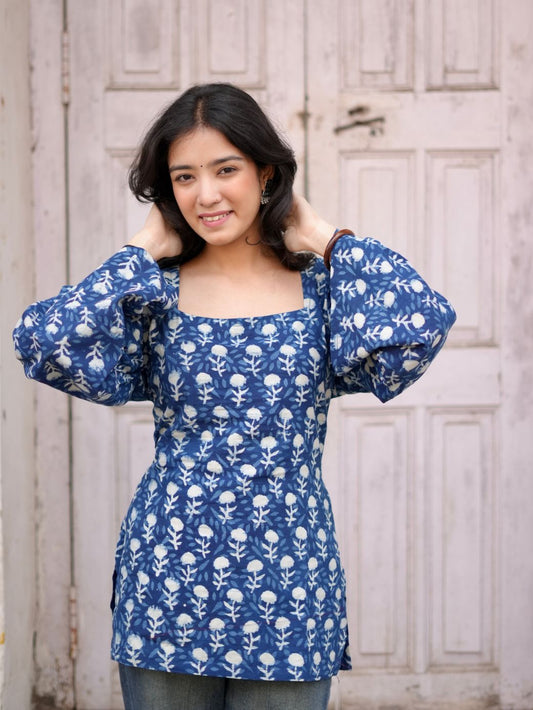 Sky Flora Cotton Square Neck Short Kurti