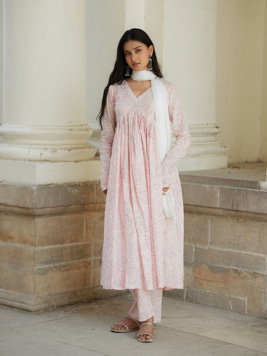 Blush Pink Alia Cut Cotton Anarkali Suit Set