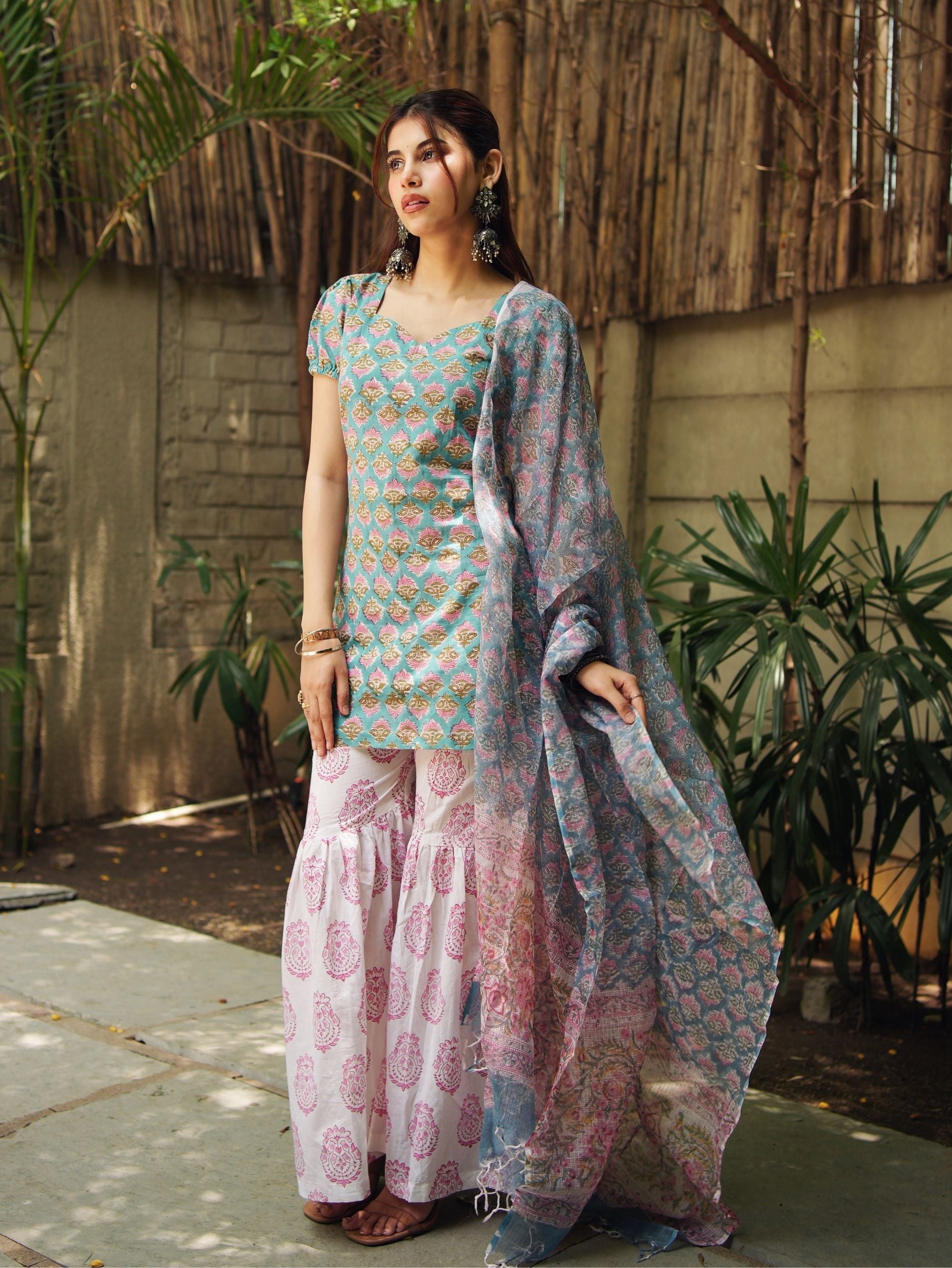 Mahi Handblock Cotton Sharara Set with Kota Doriya Dupatta for Women – Krutico
