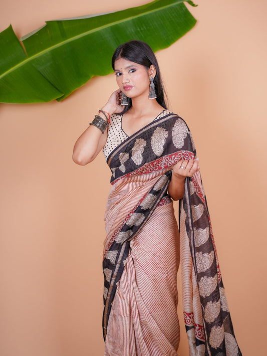 Vaidehi Rust Red and Black Chanderi Saree