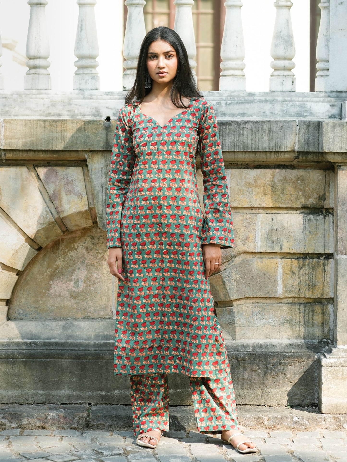 Fida Green Handblock Cotton Kurta Pant Set