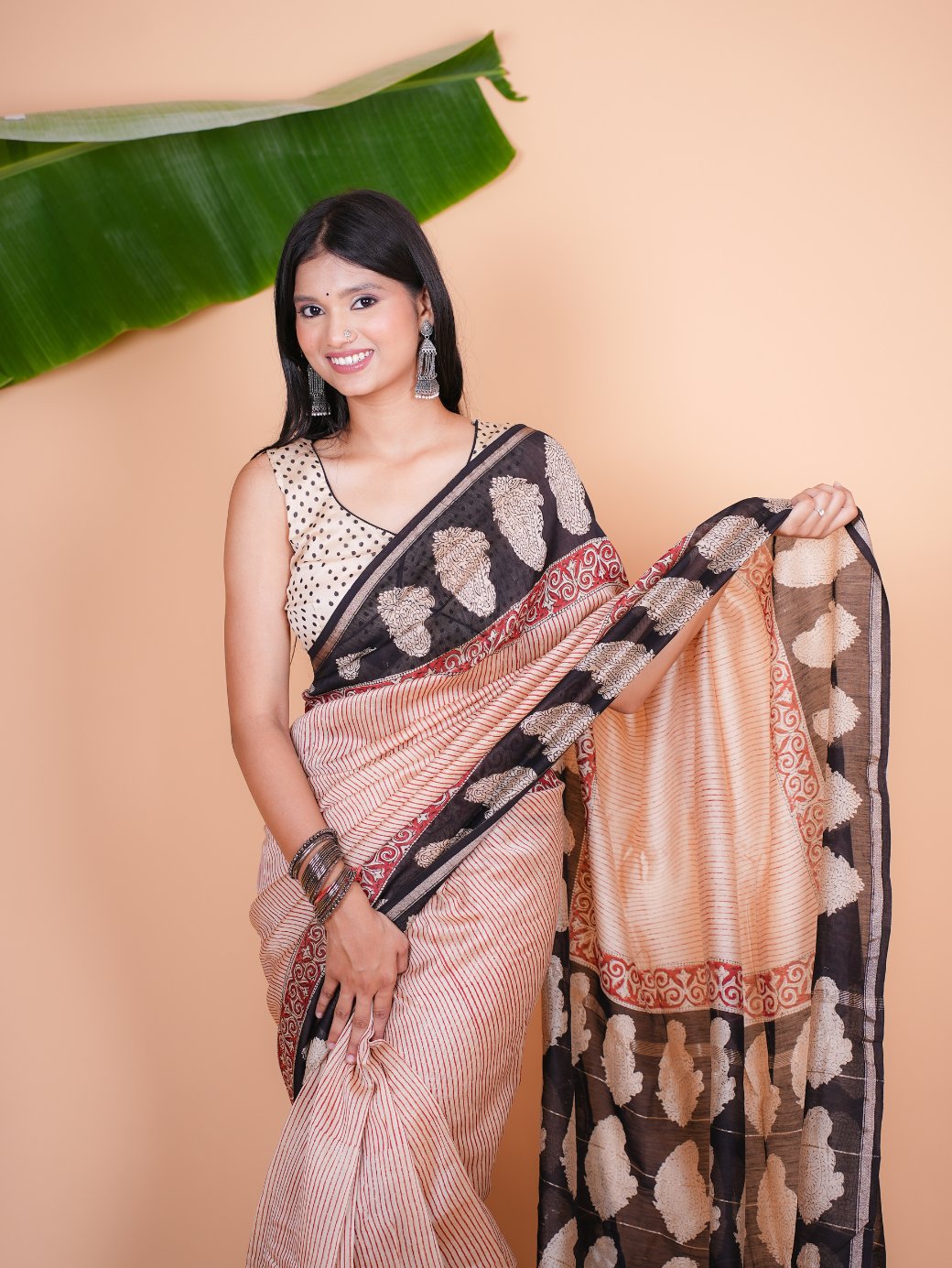 Vaidehi Rust Red and Black Chanderi Saree