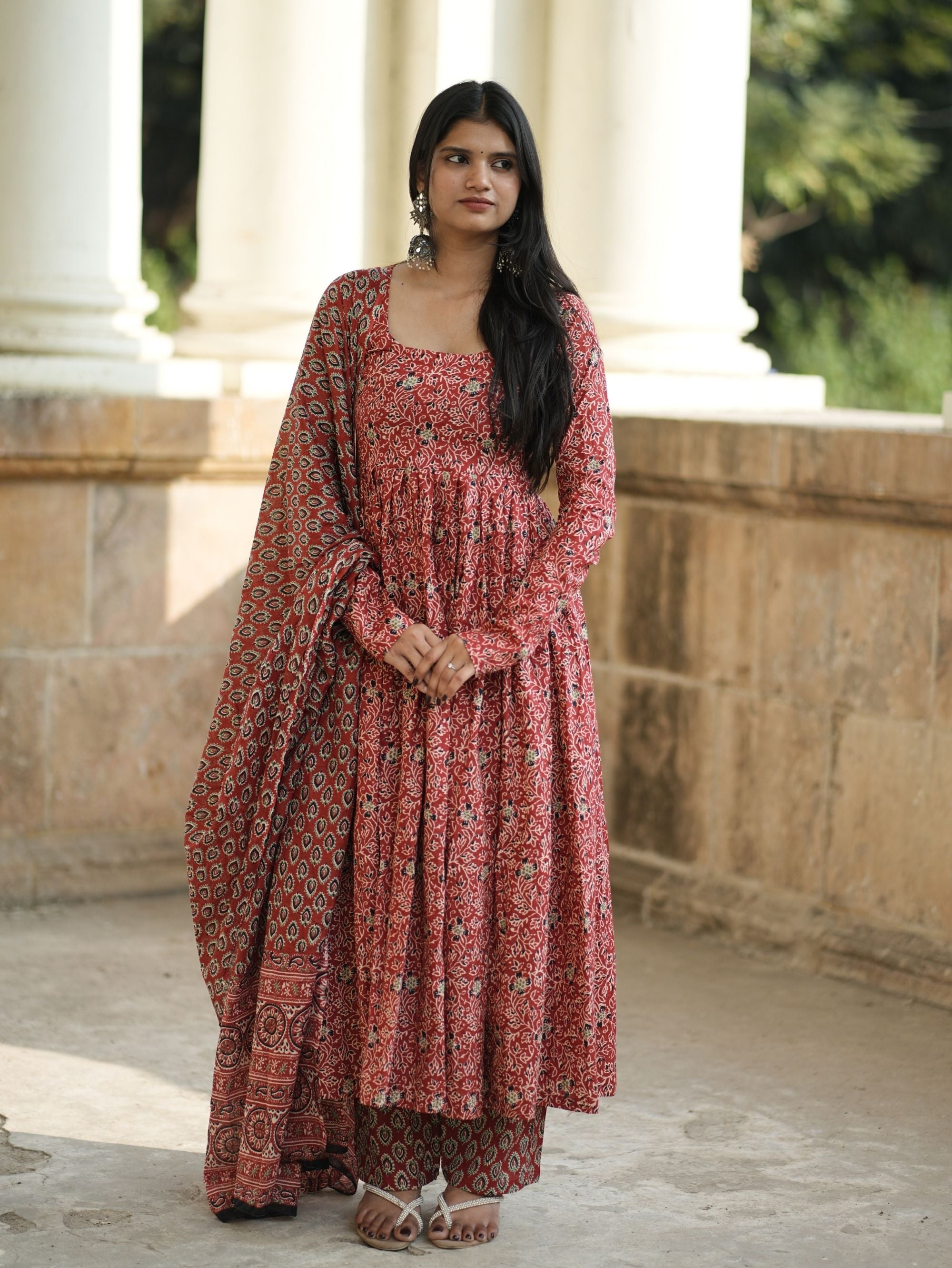 Madhubala Red Cotton Anarkali Suit Set | 3 Piece Ghera Anarkali