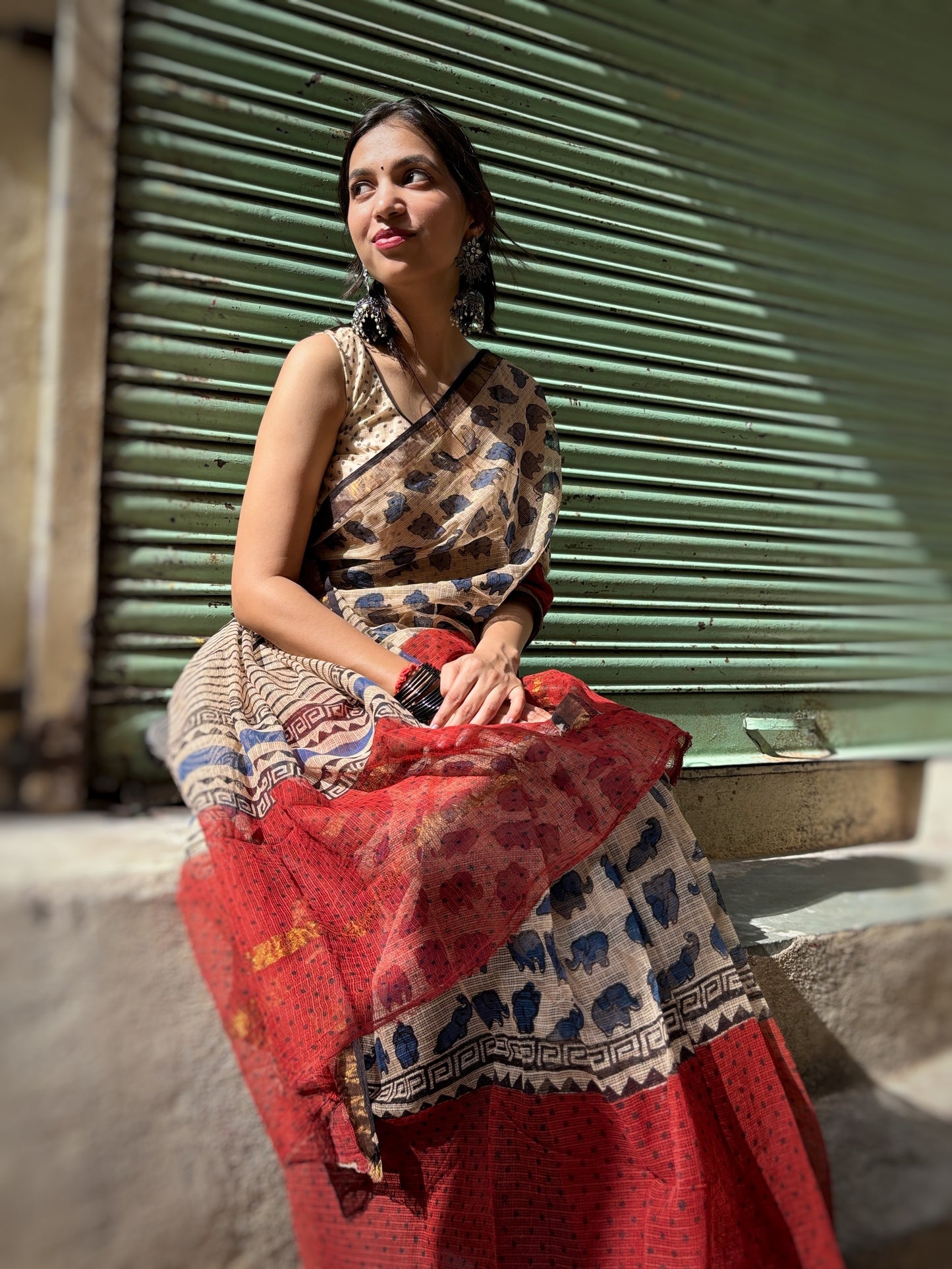 Gerua and Beige Kota Doriya Handblock Saree