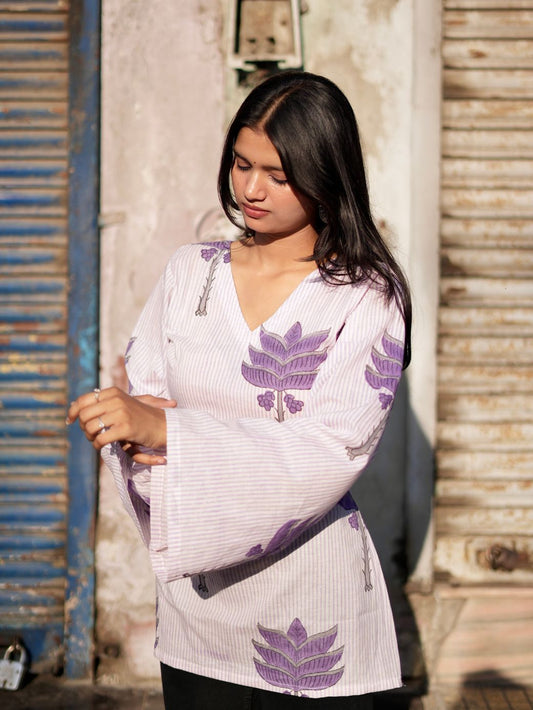 Lilac Bloom Cotton V-Neck Kurti