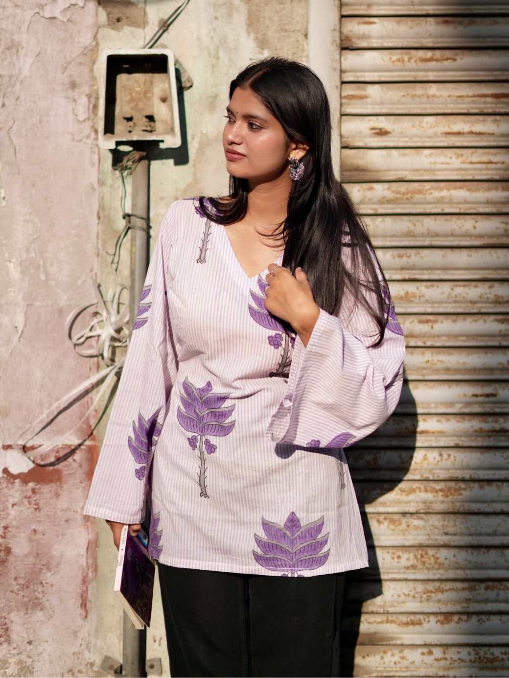 Lilac Bloom Cotton V-Neck Kurti