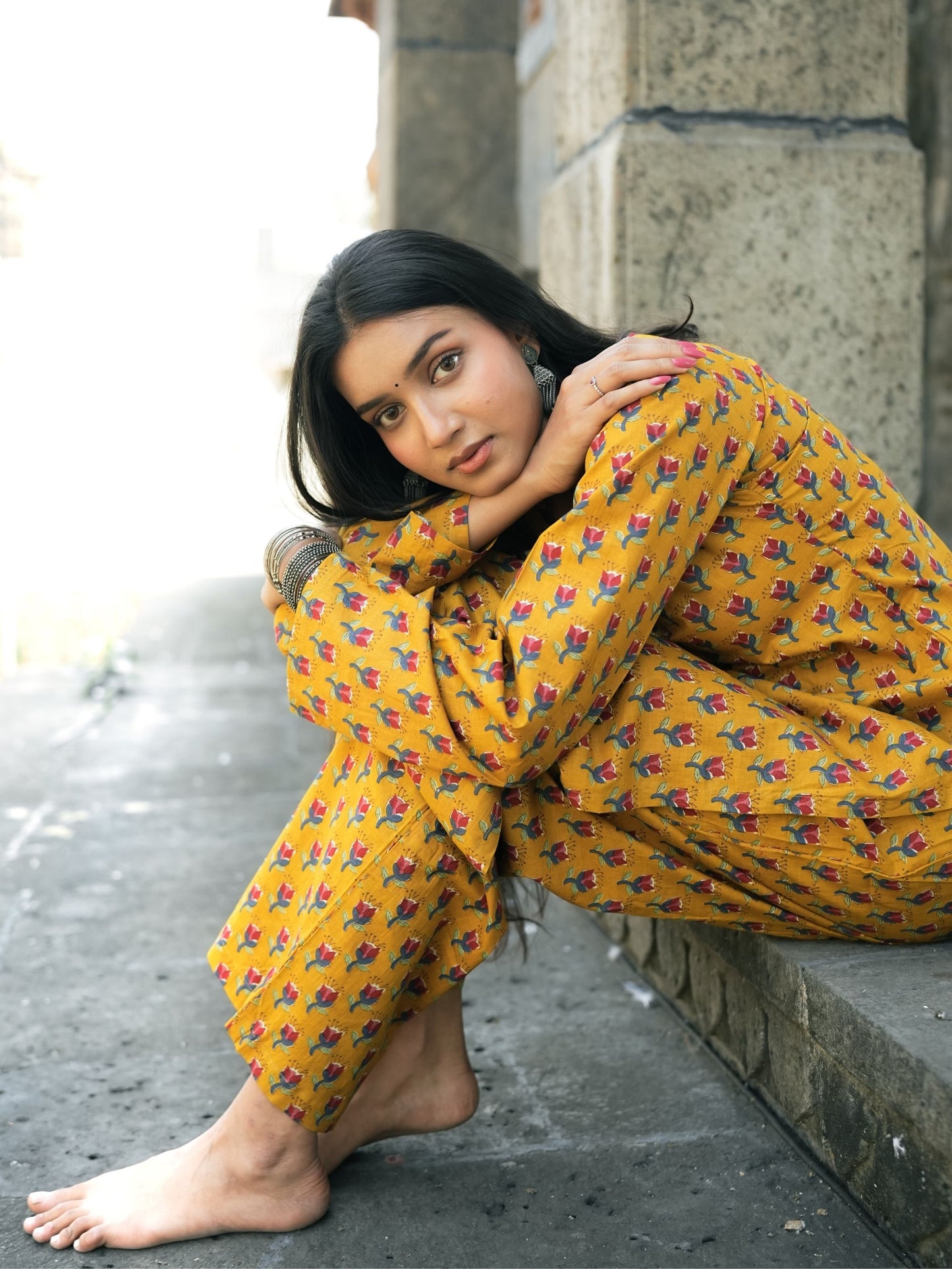 Dariya Mustard Cotton Kurta Pant Set with Sweetheart Neck