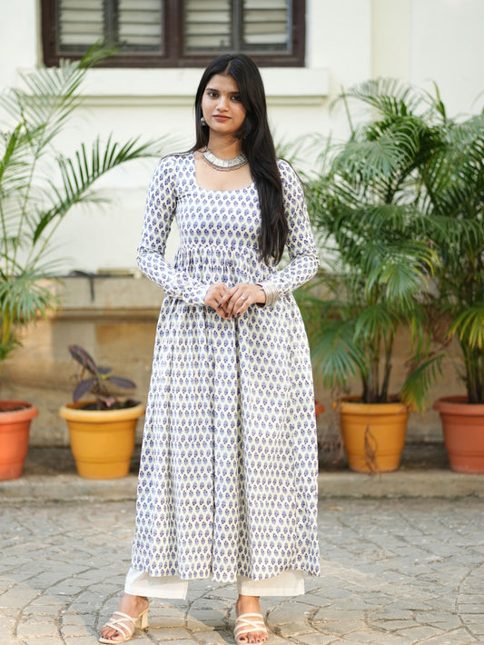 Aradhya White Blue Printed Cotton Kameez with Full Sleeves