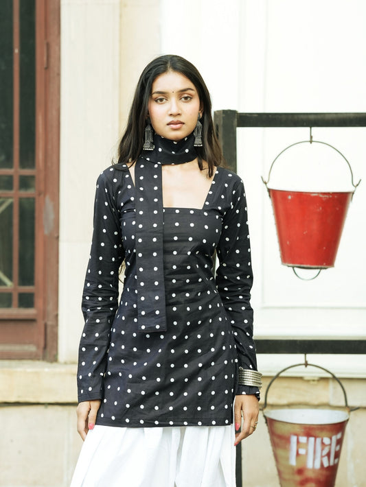 Bebo Black Polka Dot Short Kurti with Scarf Detail
