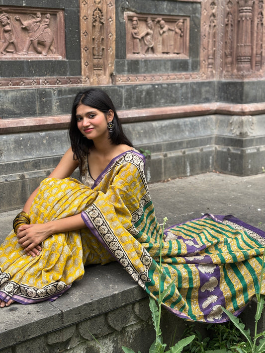 Yellow green chanderi handblock saree