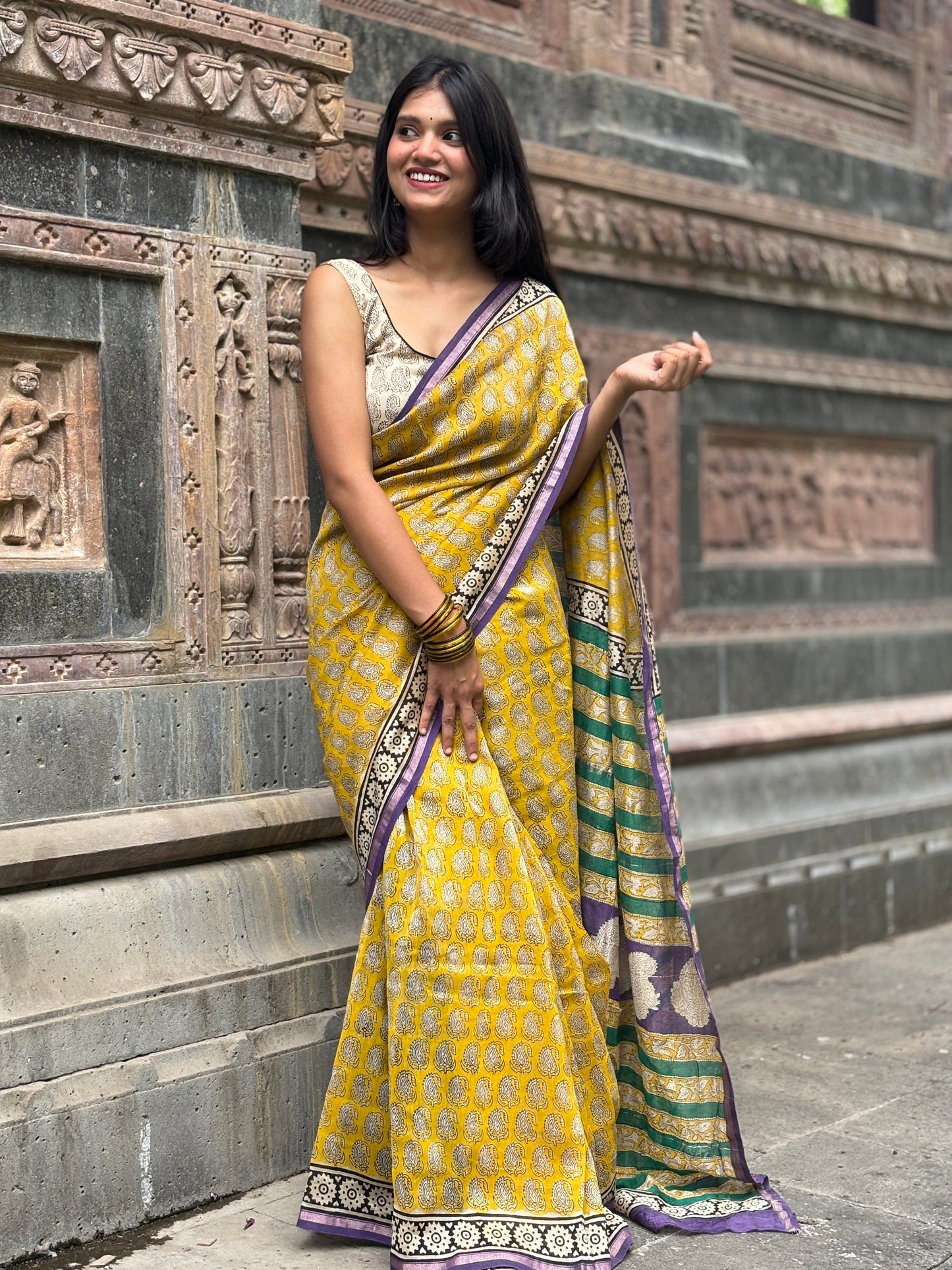 Yellow green chanderi handblock saree