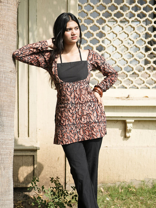 Zaalima Black Cotton Halter Neck Short Kurti with Dori Detail