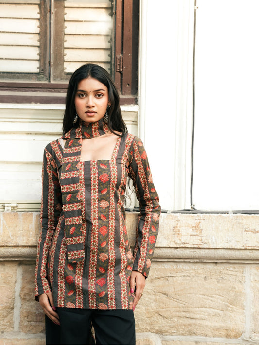 Simran Black Printed Short Kurti with Scarf Detail