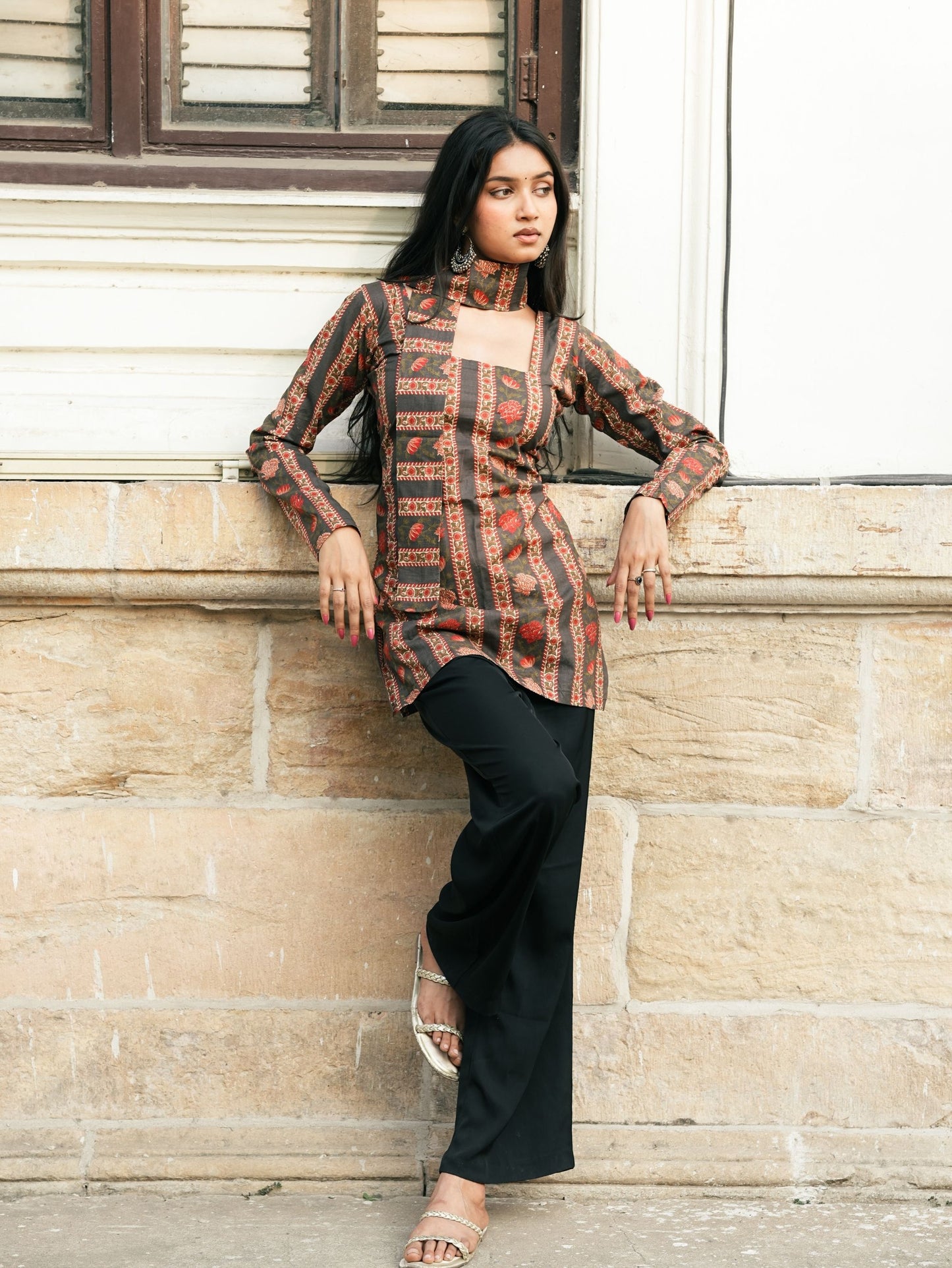 Simran Black Printed Short Kurti with Scarf Detail