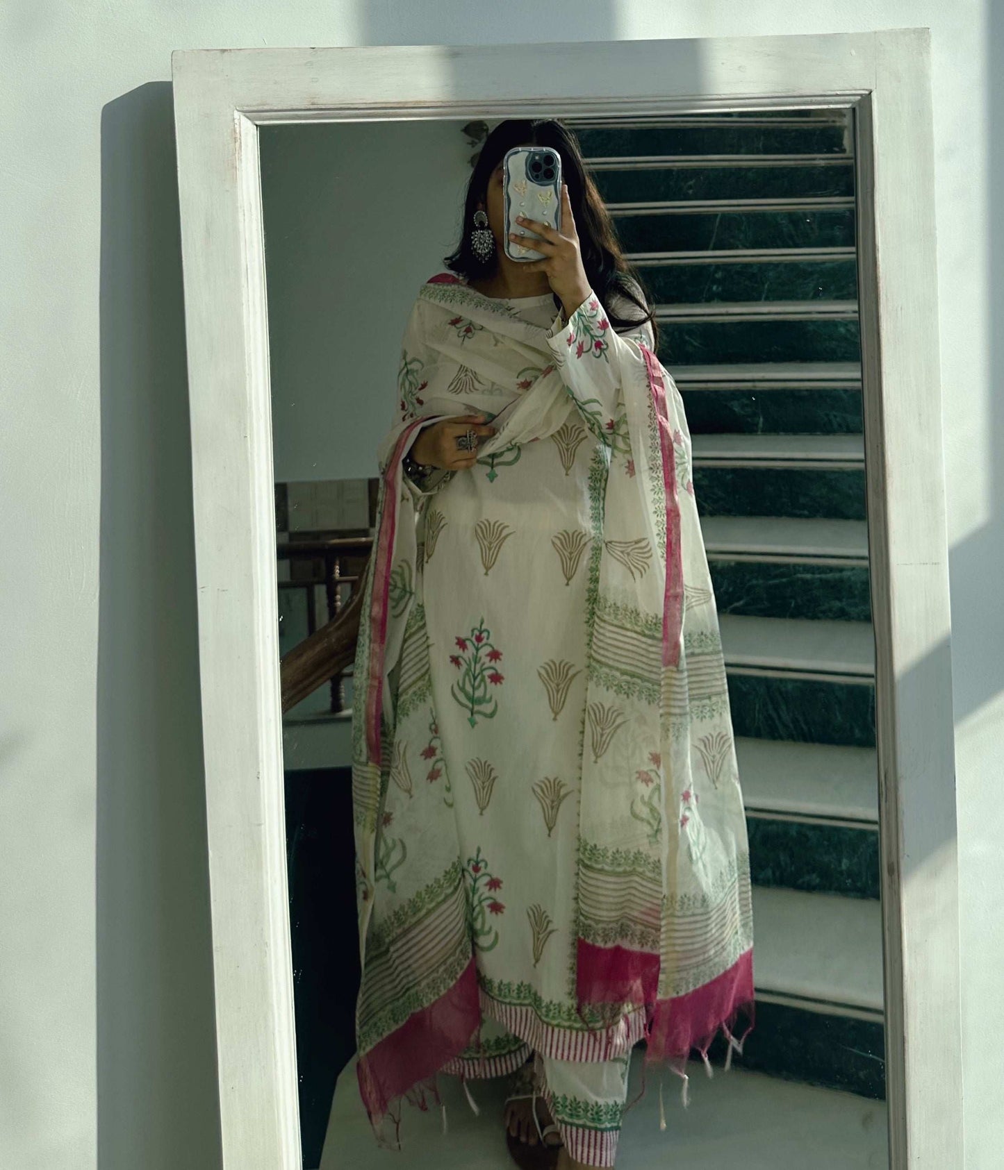 White saffron Chanderi set