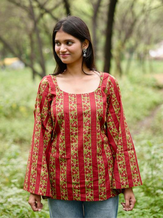 Red Blossom Striped Kurti
