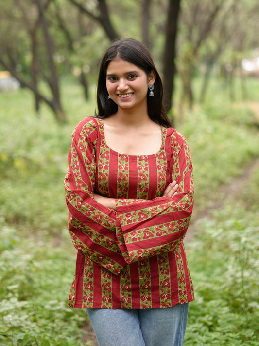 Red Blossom Striped Kurti