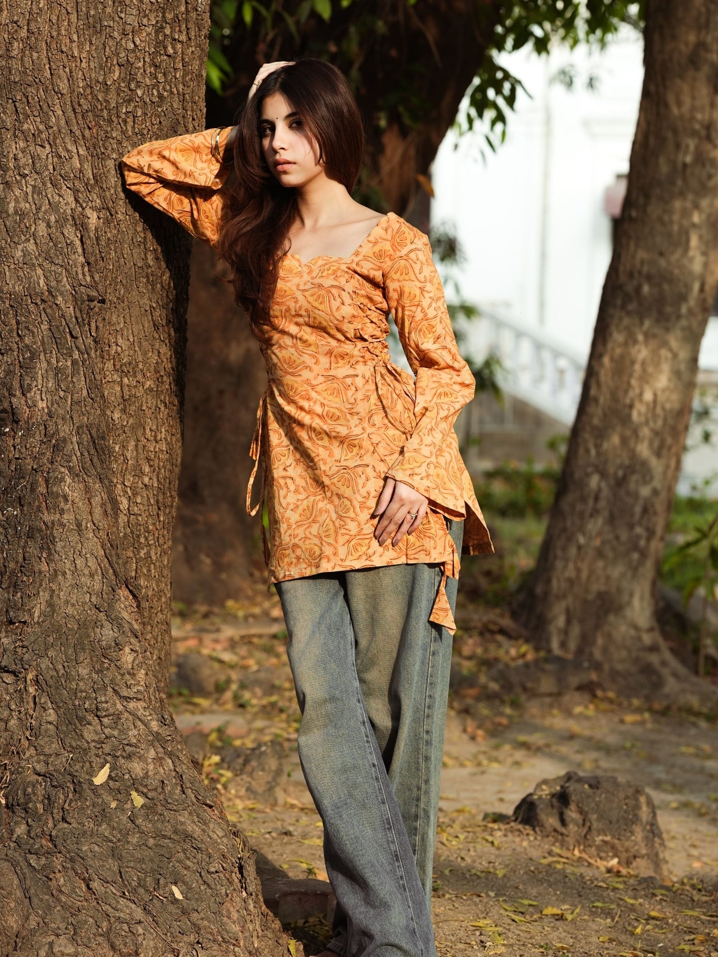 Mayra Mustard Printed Short Kurti with Sweetheart Neck