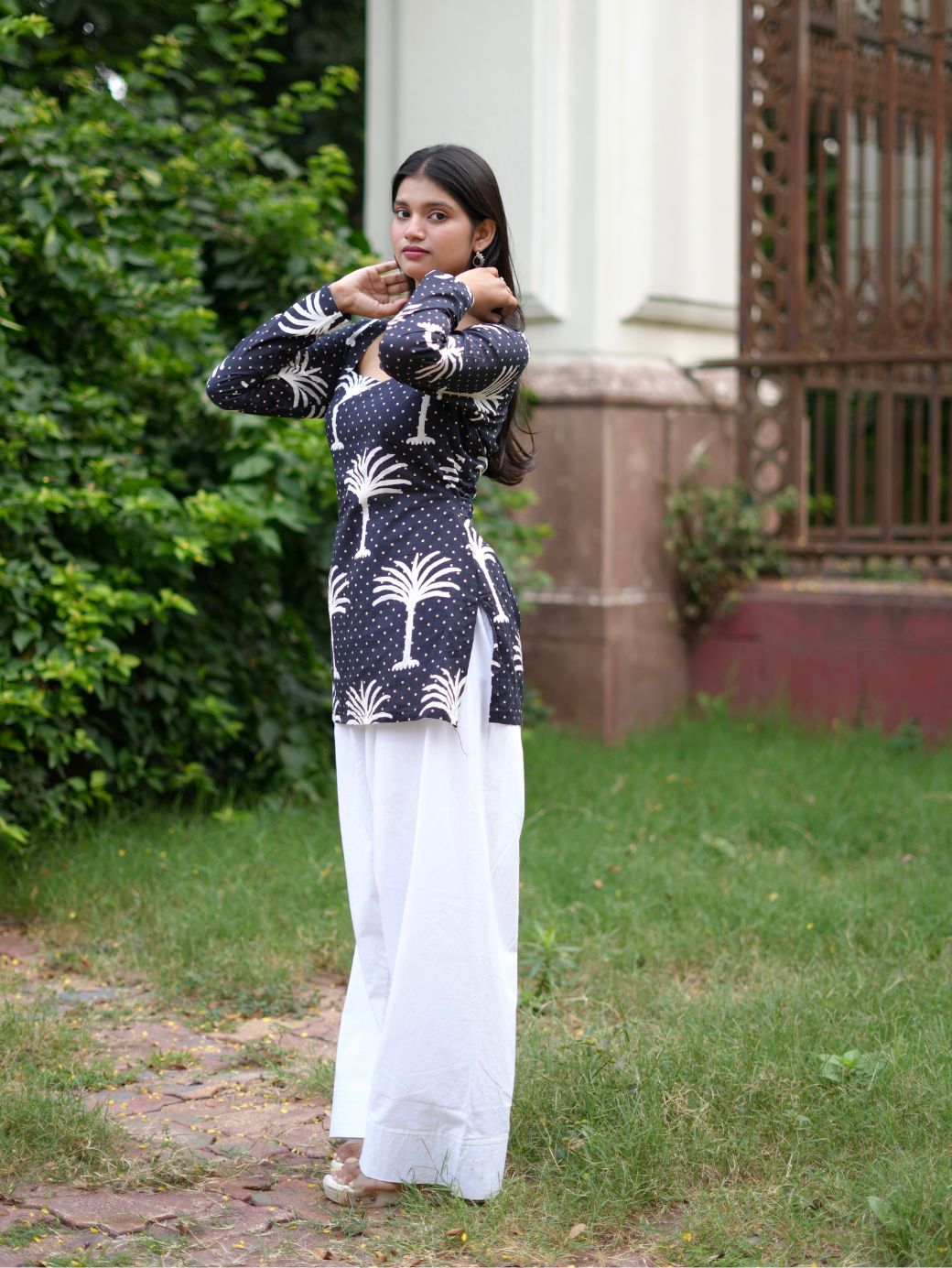 Palm Tree Print Cotton Kurti with Farshi Salwar