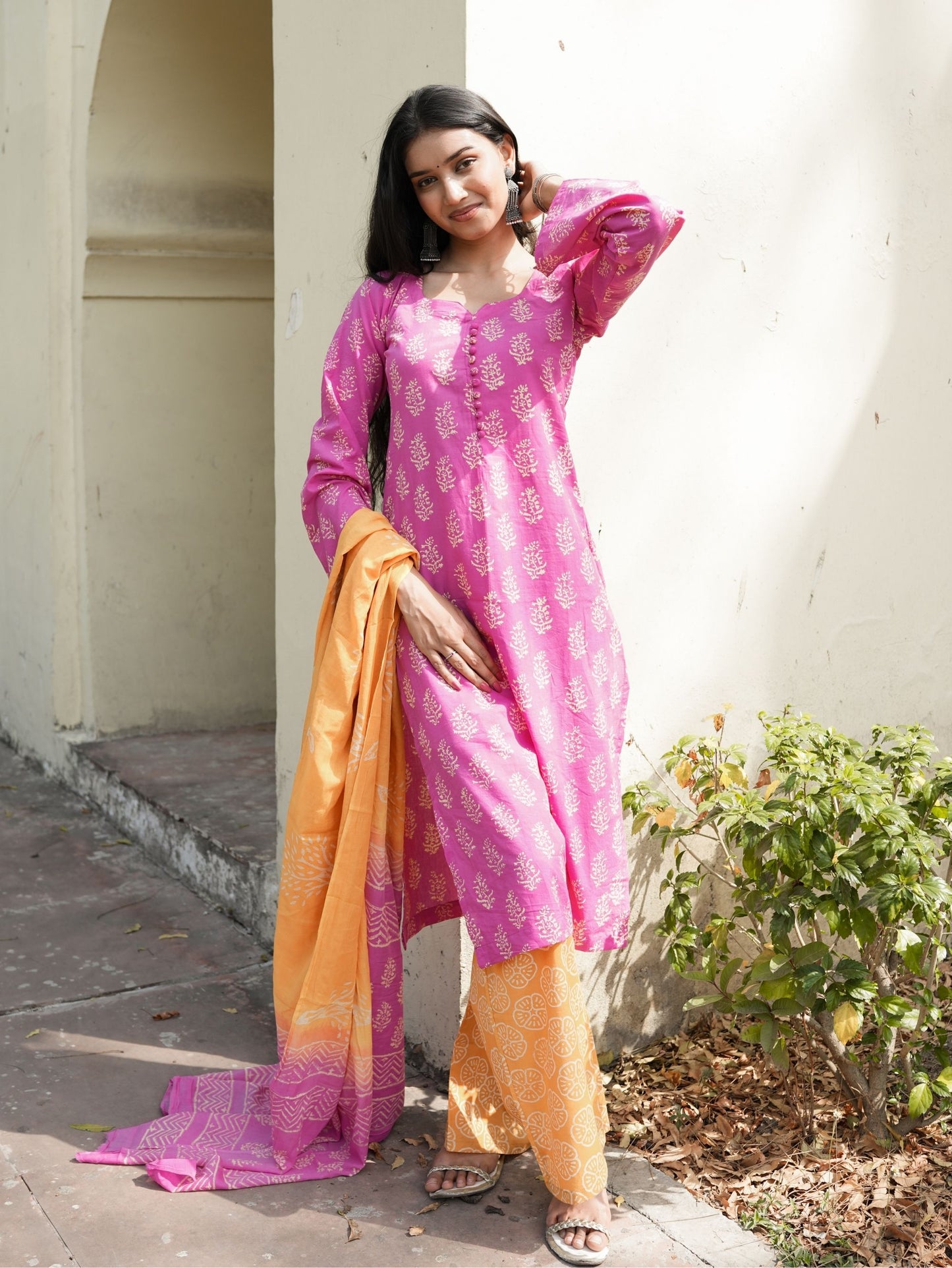 Rosy Pink Orange Cotton Kurta Pant Dupatta Set