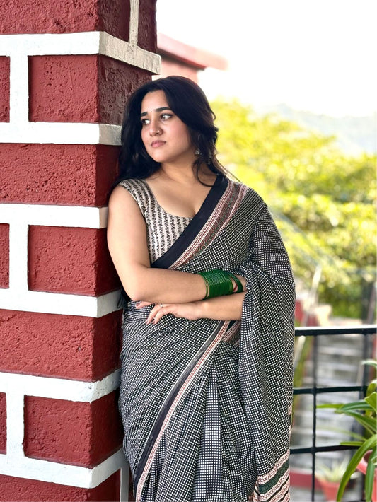 Charvi Ebony Block Print Cotton Saree