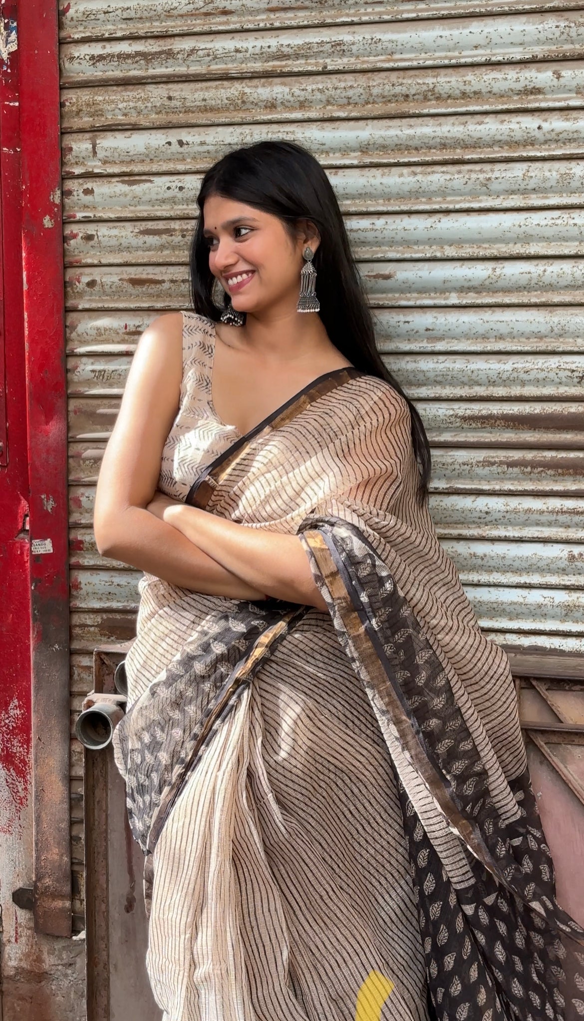 Beige and Black Kota Doriya Handblock Saree