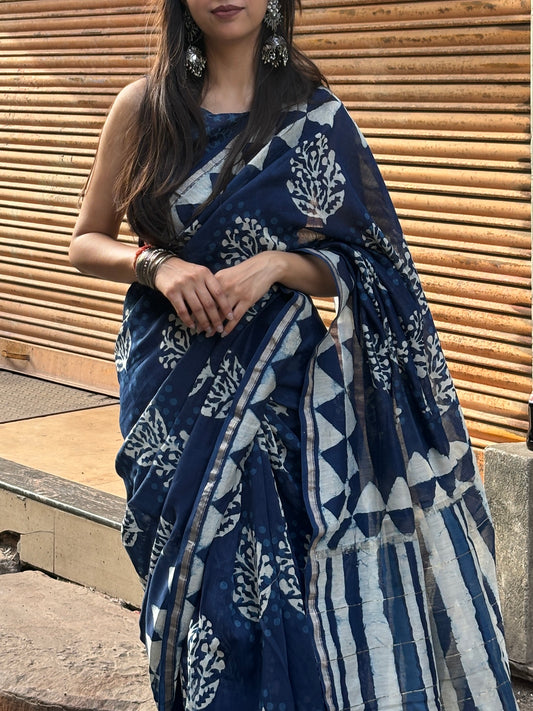 Indigo blue chanderi handblock saree