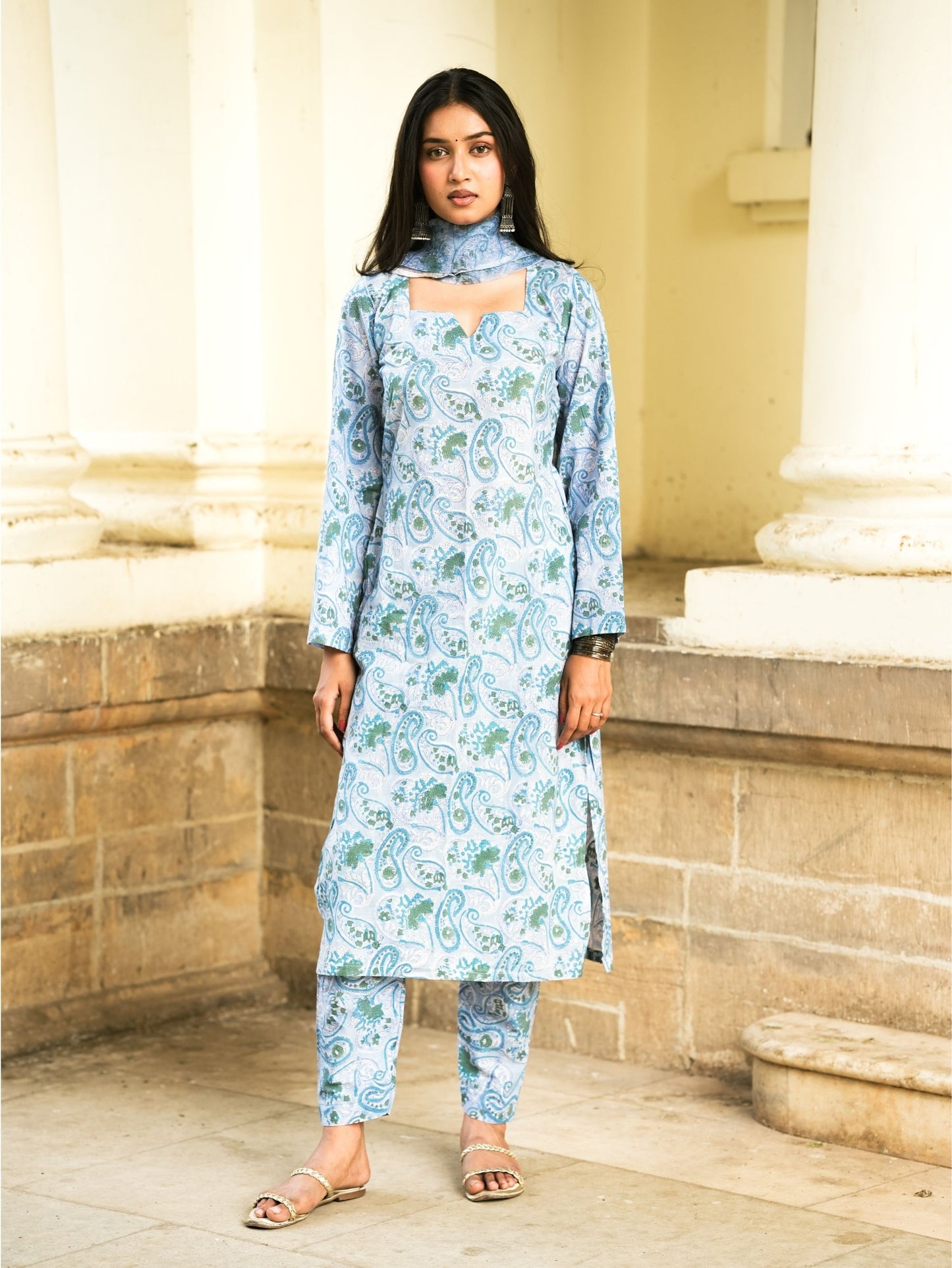 Zyra Blue Handblock Cotton Kurta Pant Set with Kota Doria Dupatta