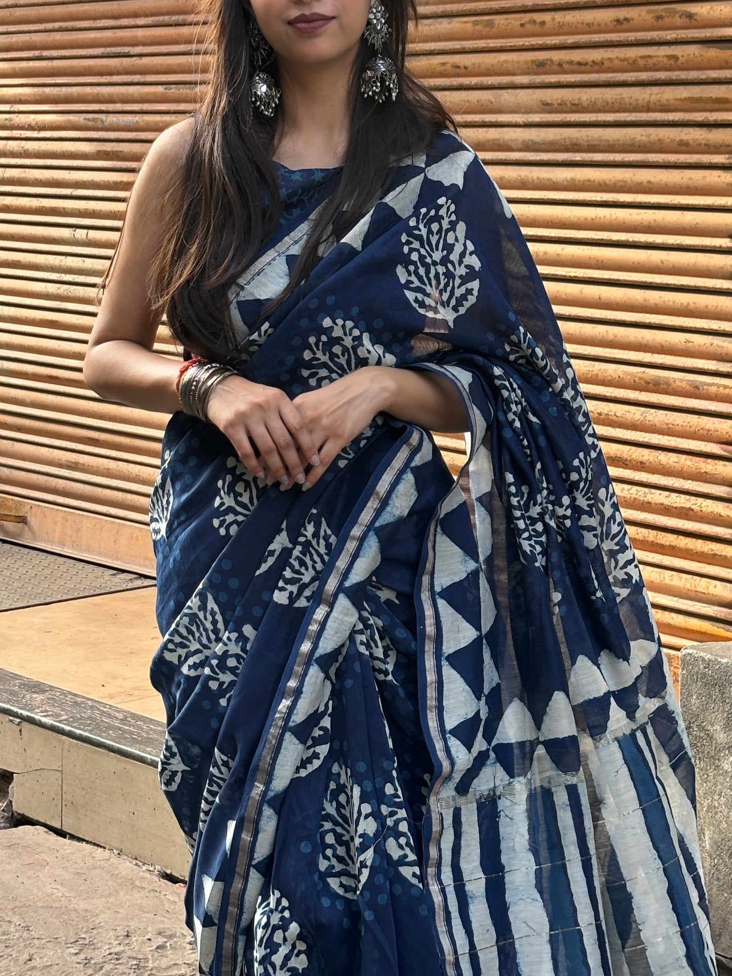 Indigo blue chanderi handblock saree