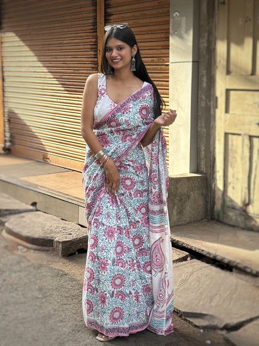 White cotton handblock printed saree