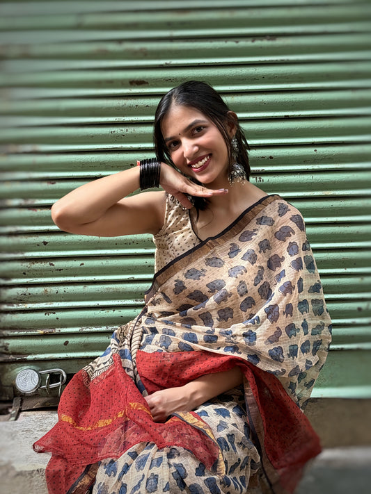 Gerua and Beige Kota Doriya Handblock Saree