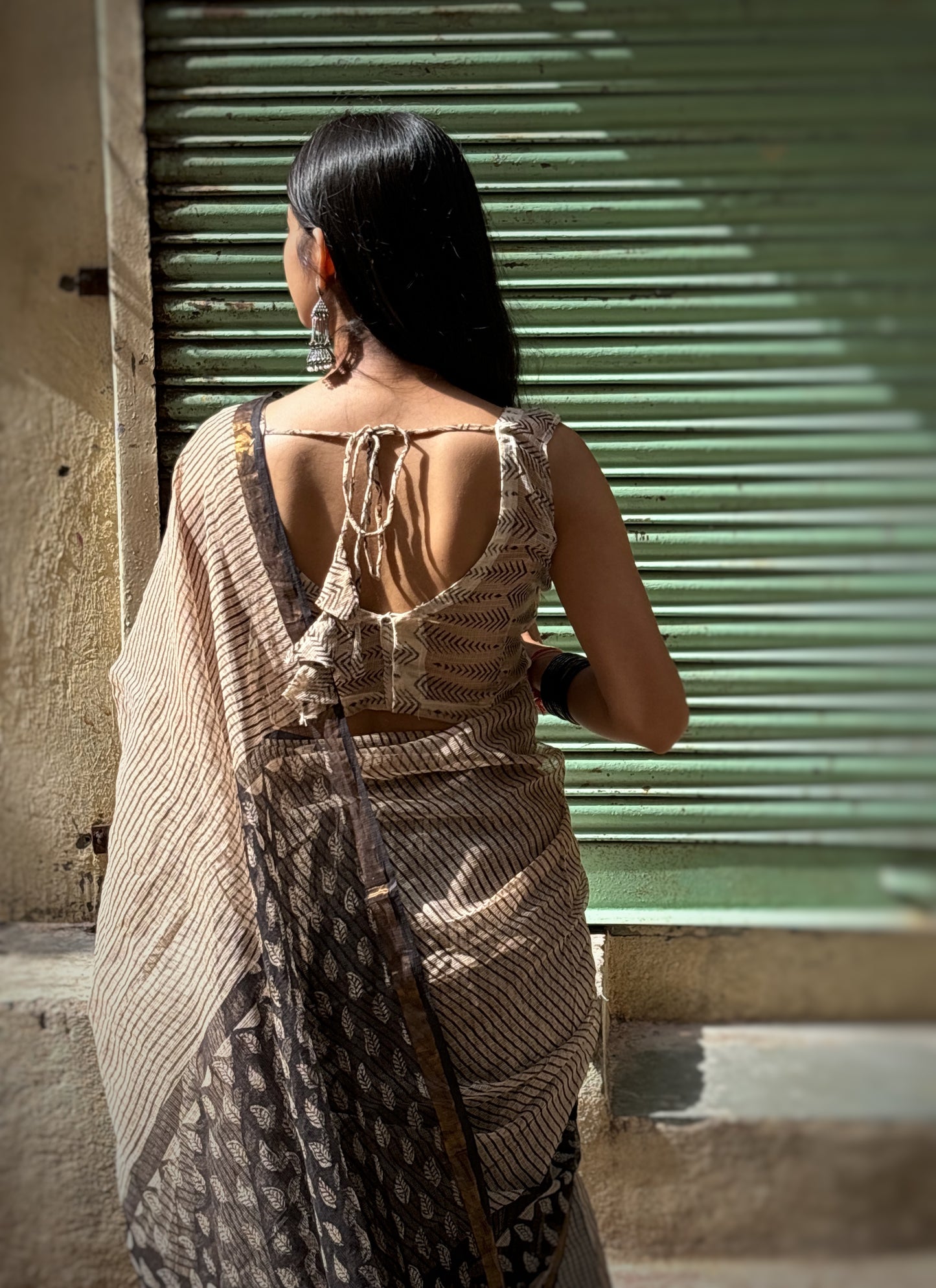 Beige and Black Kota Doriya Handblock Saree
