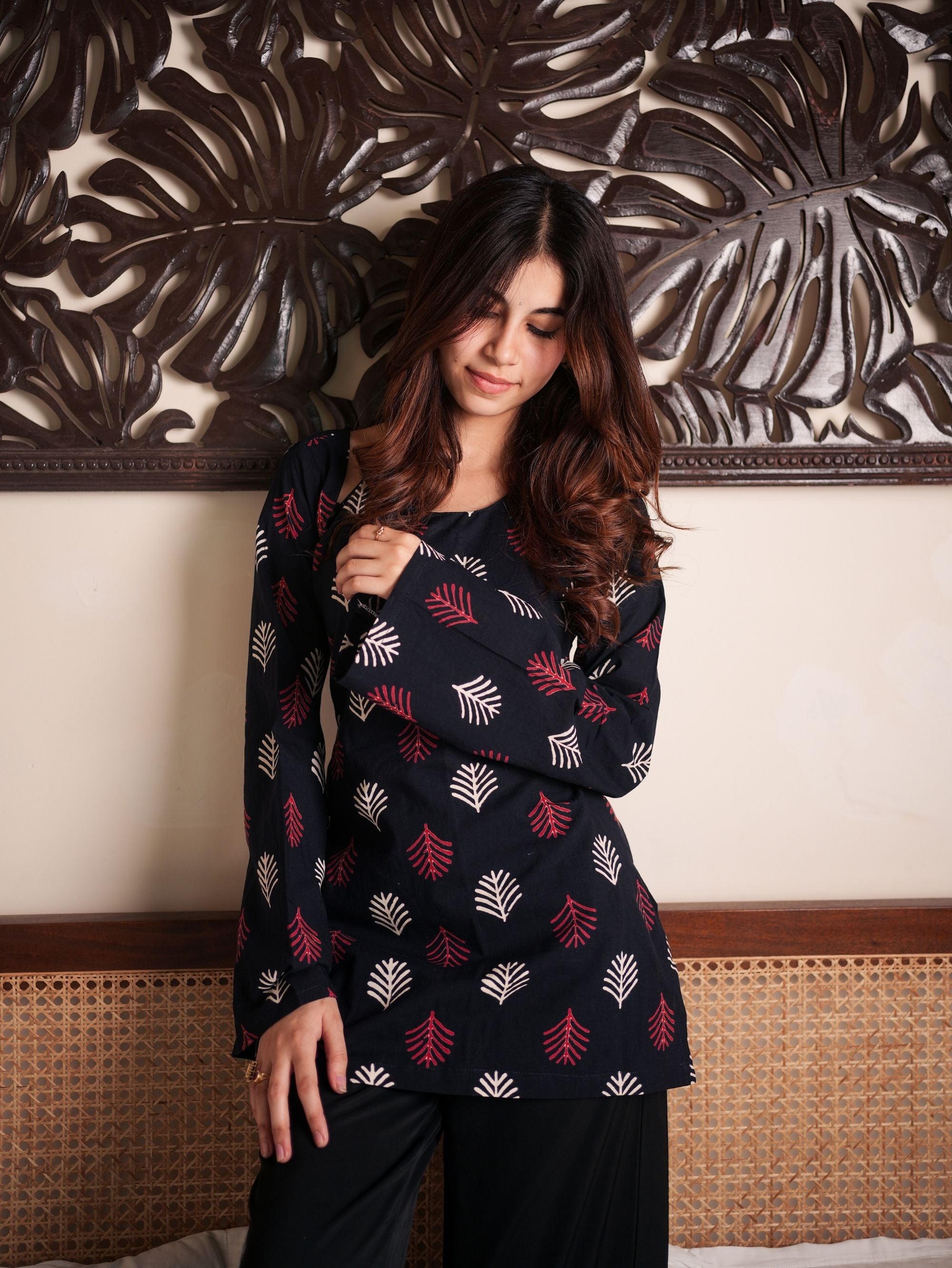 Moonlight Black Cotton Short Kurti with Handblock Print