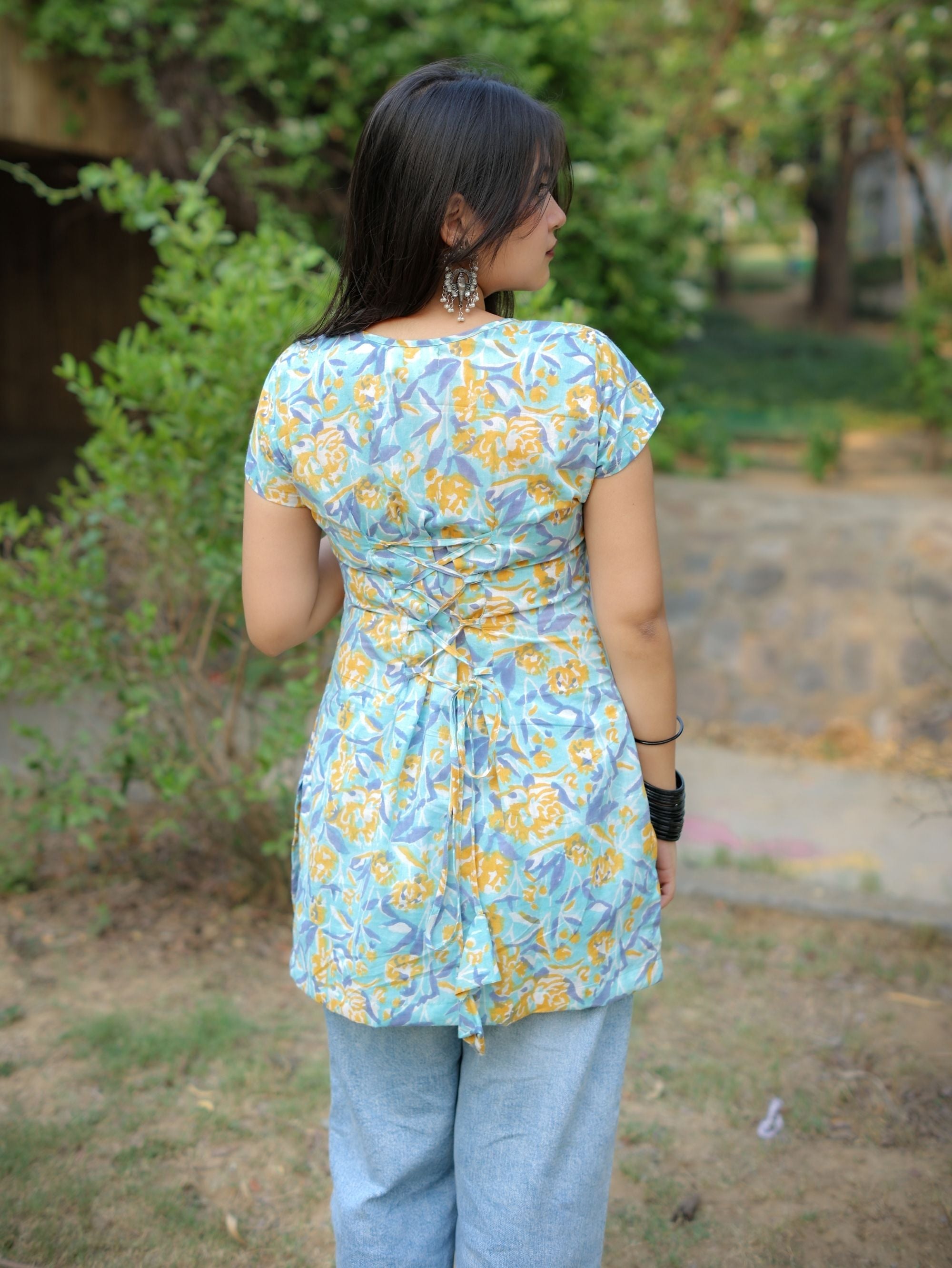 Cloud Flower Pastel Handblock Short Kurti for Women