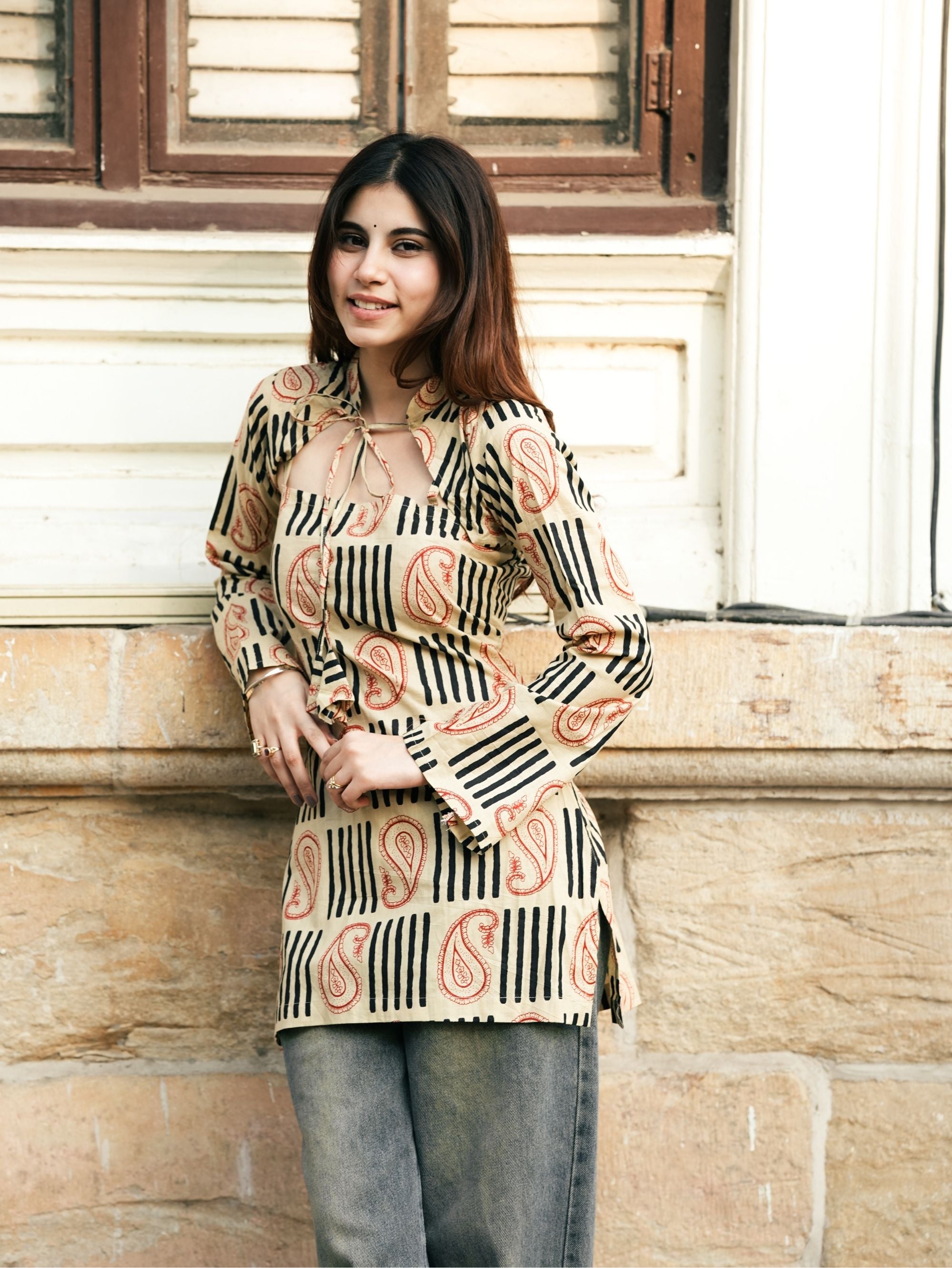 Kashti Beige Convertible Cotton Short Kurti Set