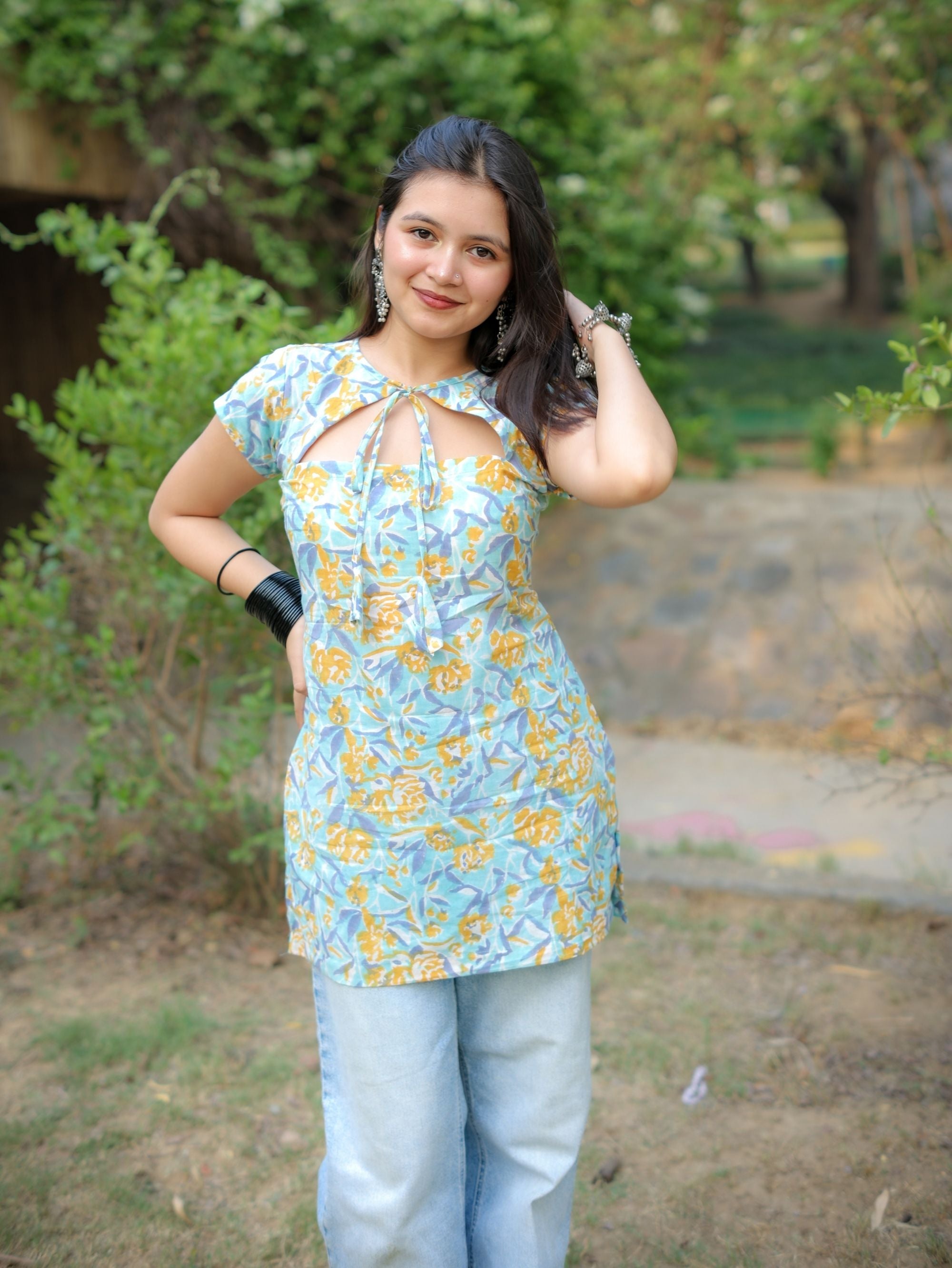 Cloud Flower Pastel Handblock Short Kurti for Women