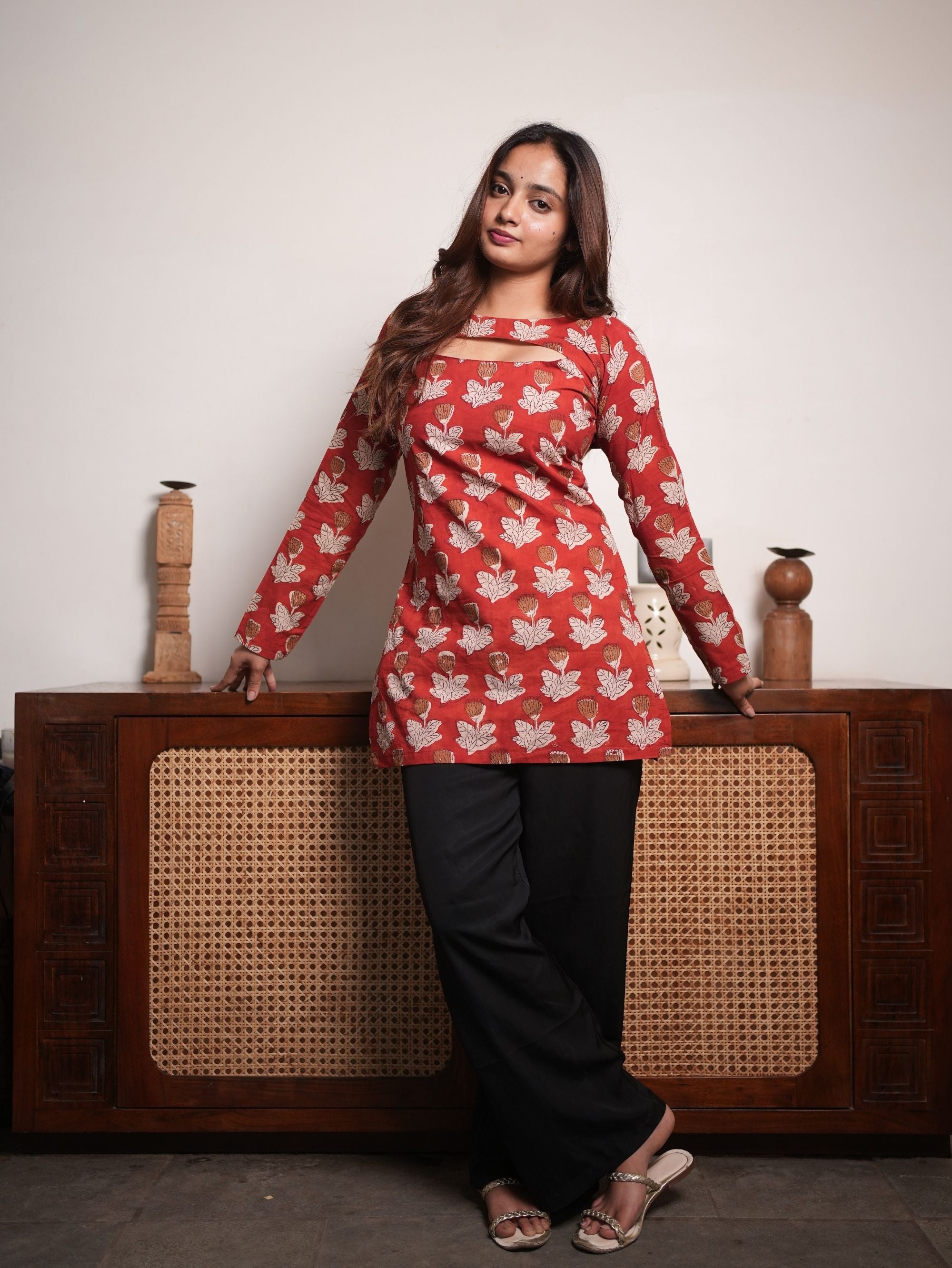 Coral Poetry Red Cotton Short Kurti with Convertible Neck