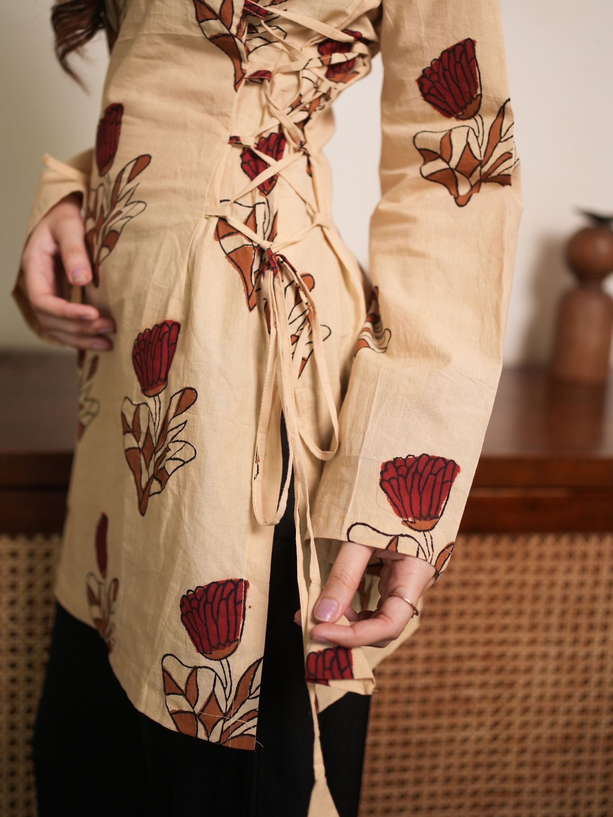 Phool Bloom Beige Cotton Short Kurti with Floral Print