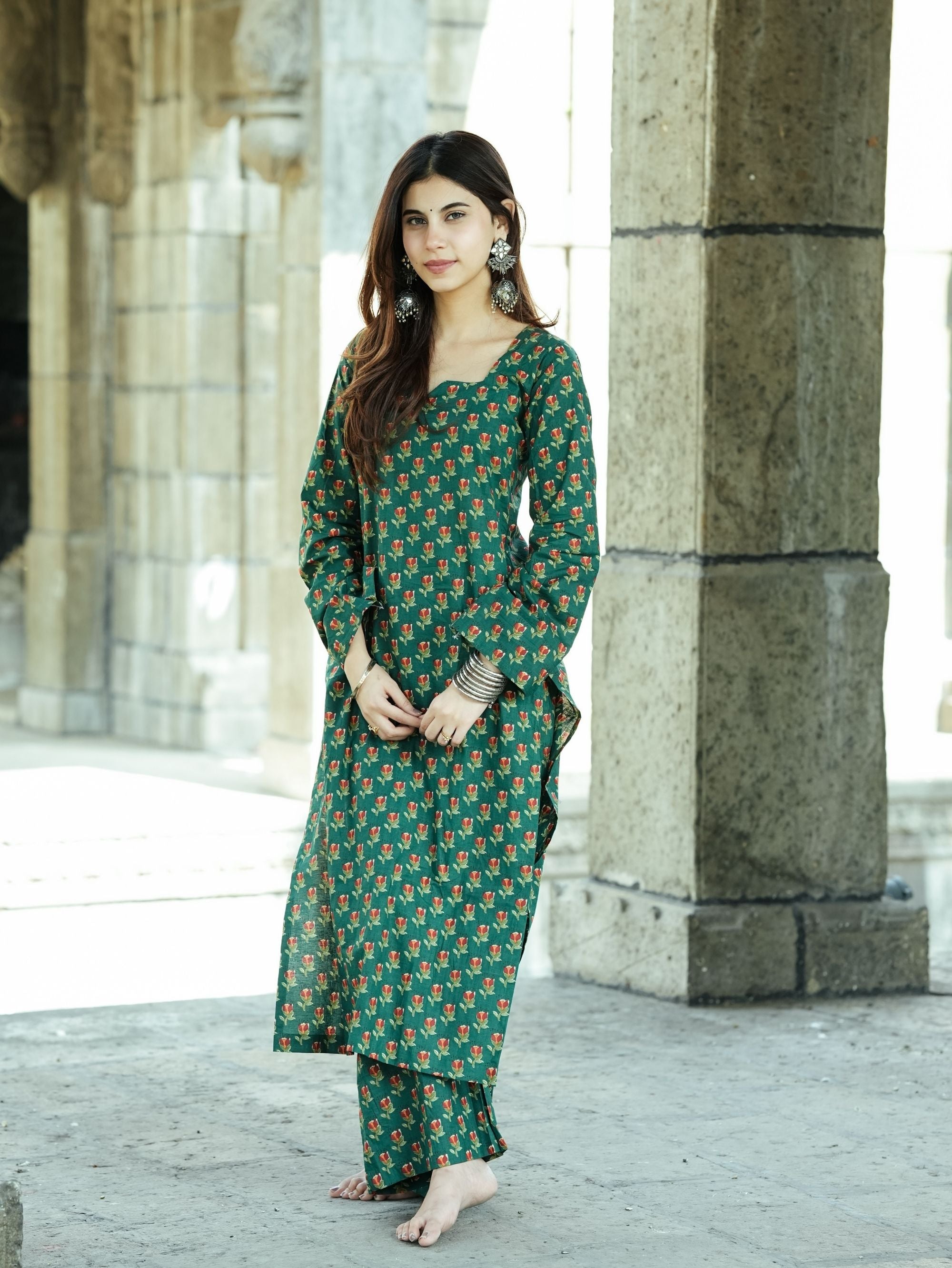 Samira Green Printed Cotton Kurta Pant Set