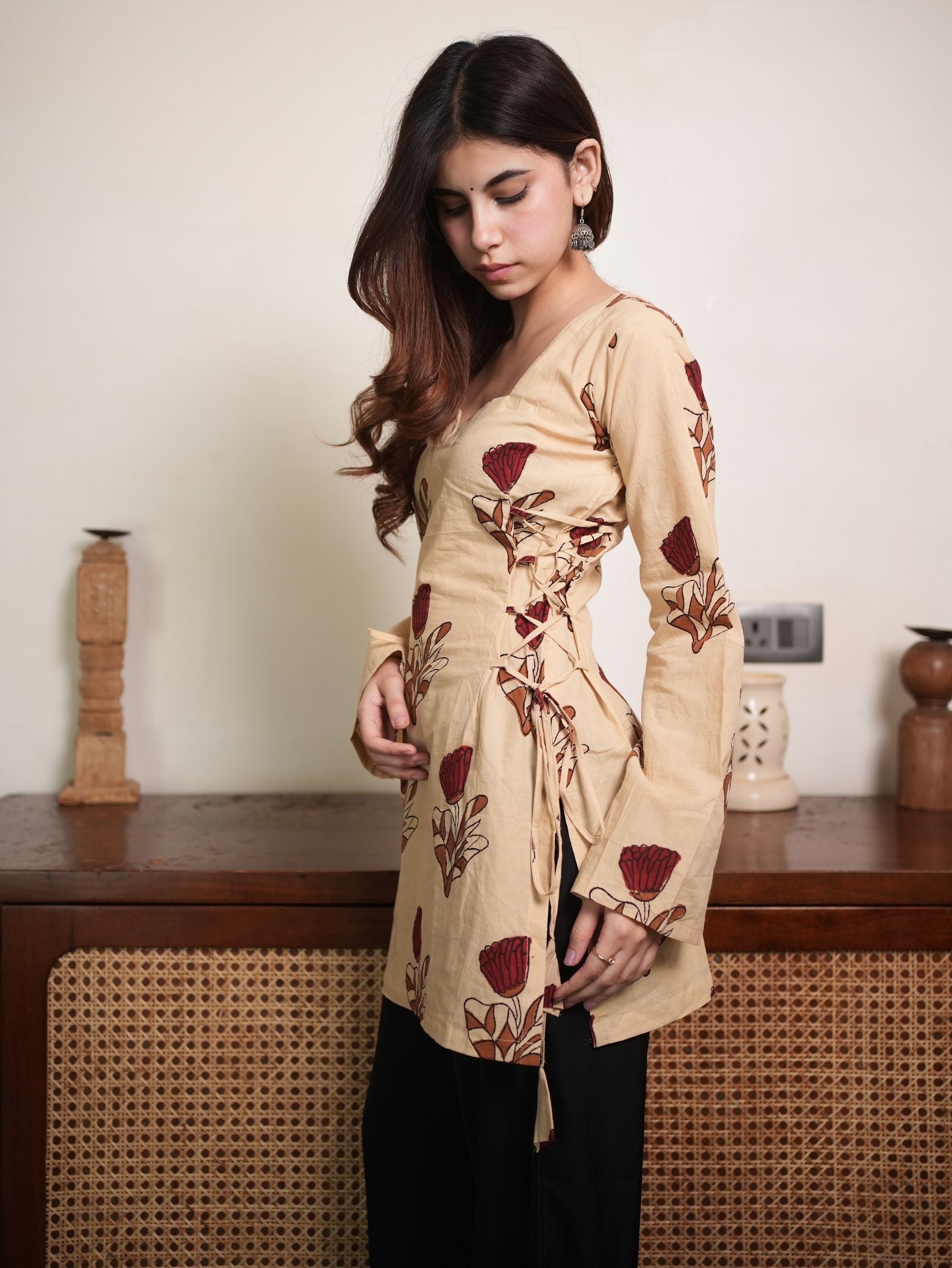 Phool Bloom Beige Cotton Short Kurti with Floral Print