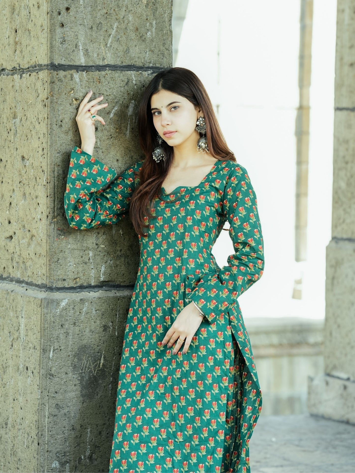 Samira Green Printed Cotton Kurta Pant Set