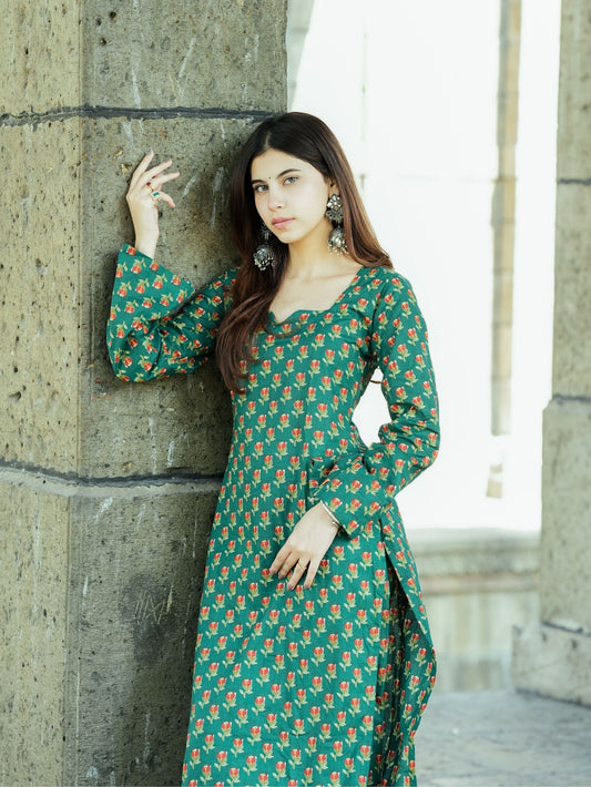 Samira Green Printed Cotton Kurta Pant Set