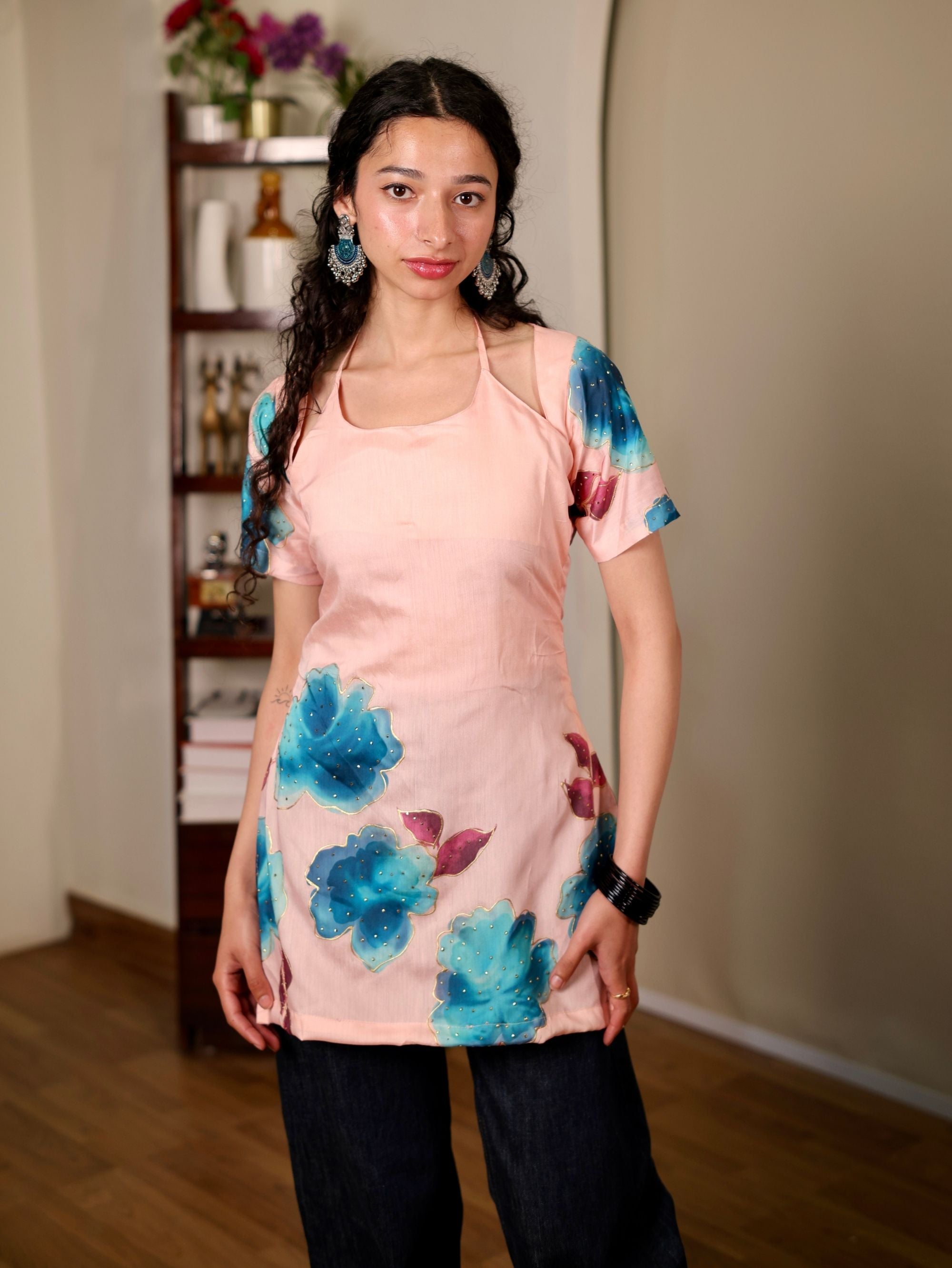 Sufi Pink Halter Neck Short Kurti