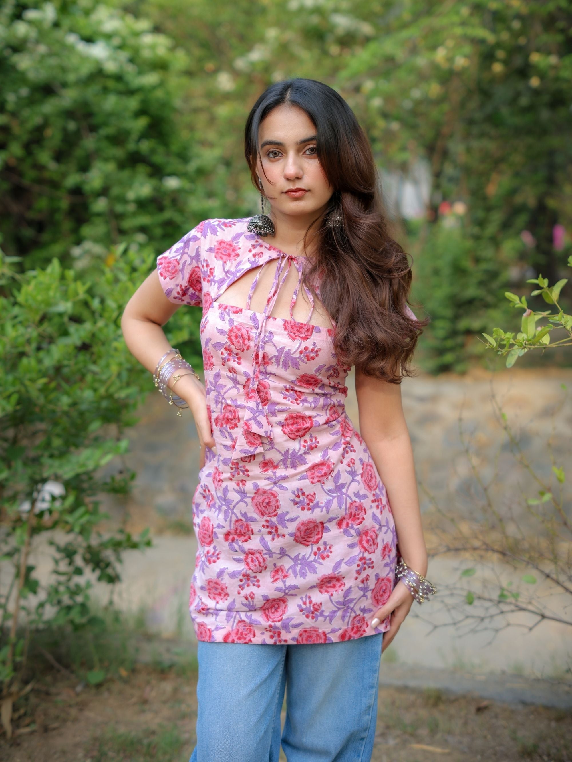 Misty Pink Handblock Short Kurti for Women
