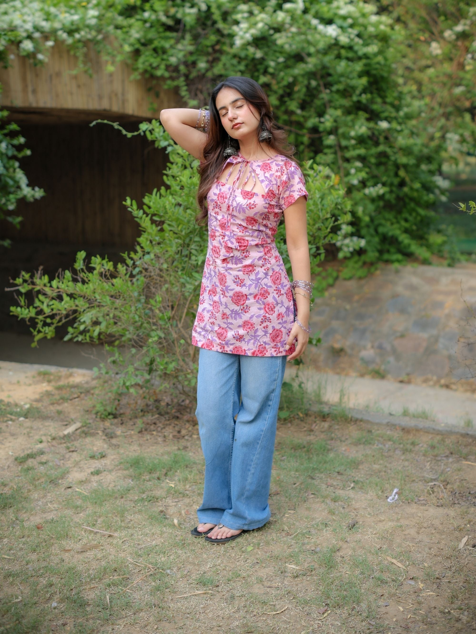 Misty Pink Handblock Short Kurti for Women