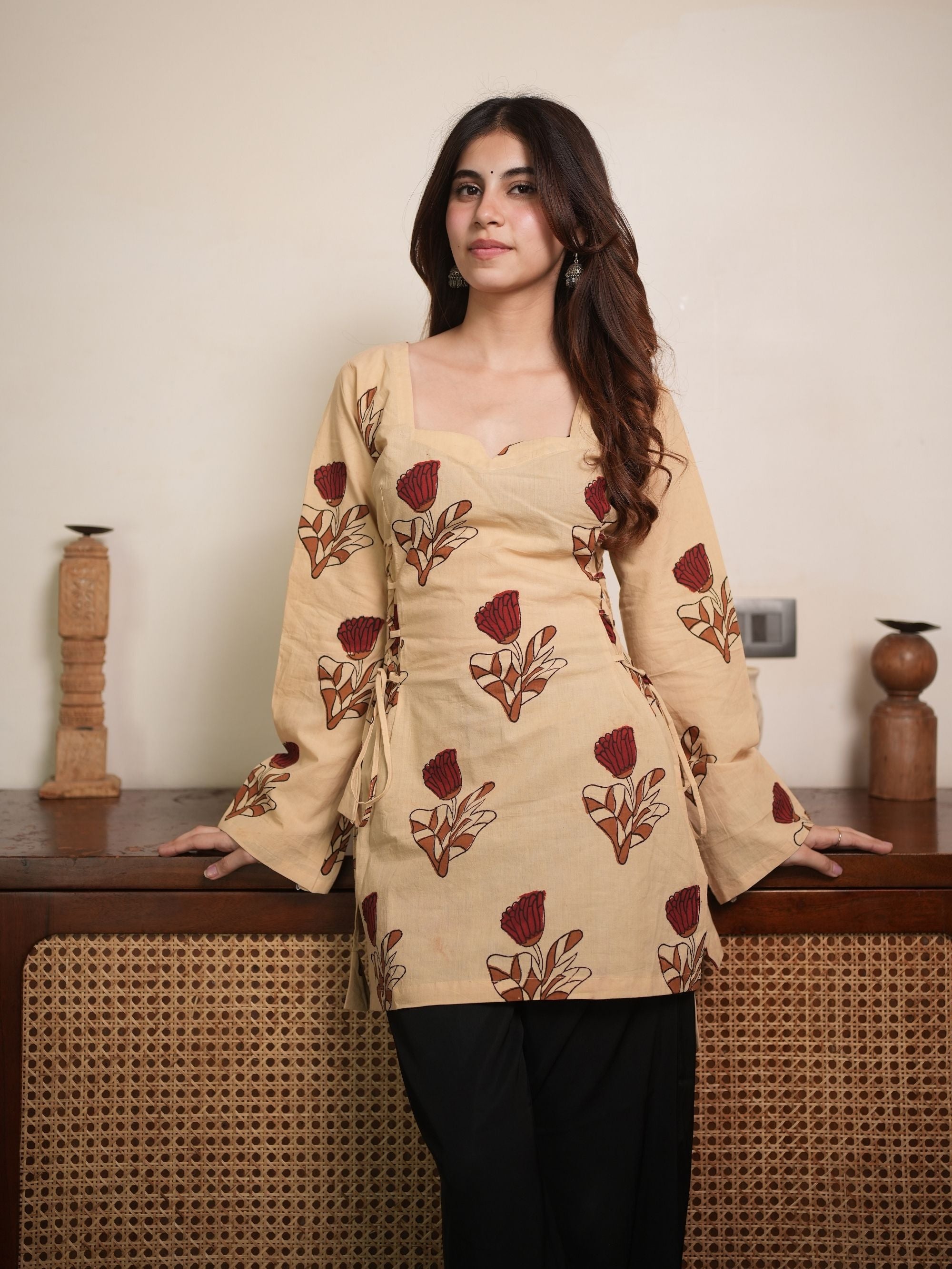 Phool Bloom Beige Cotton Short Kurti with Floral Print
