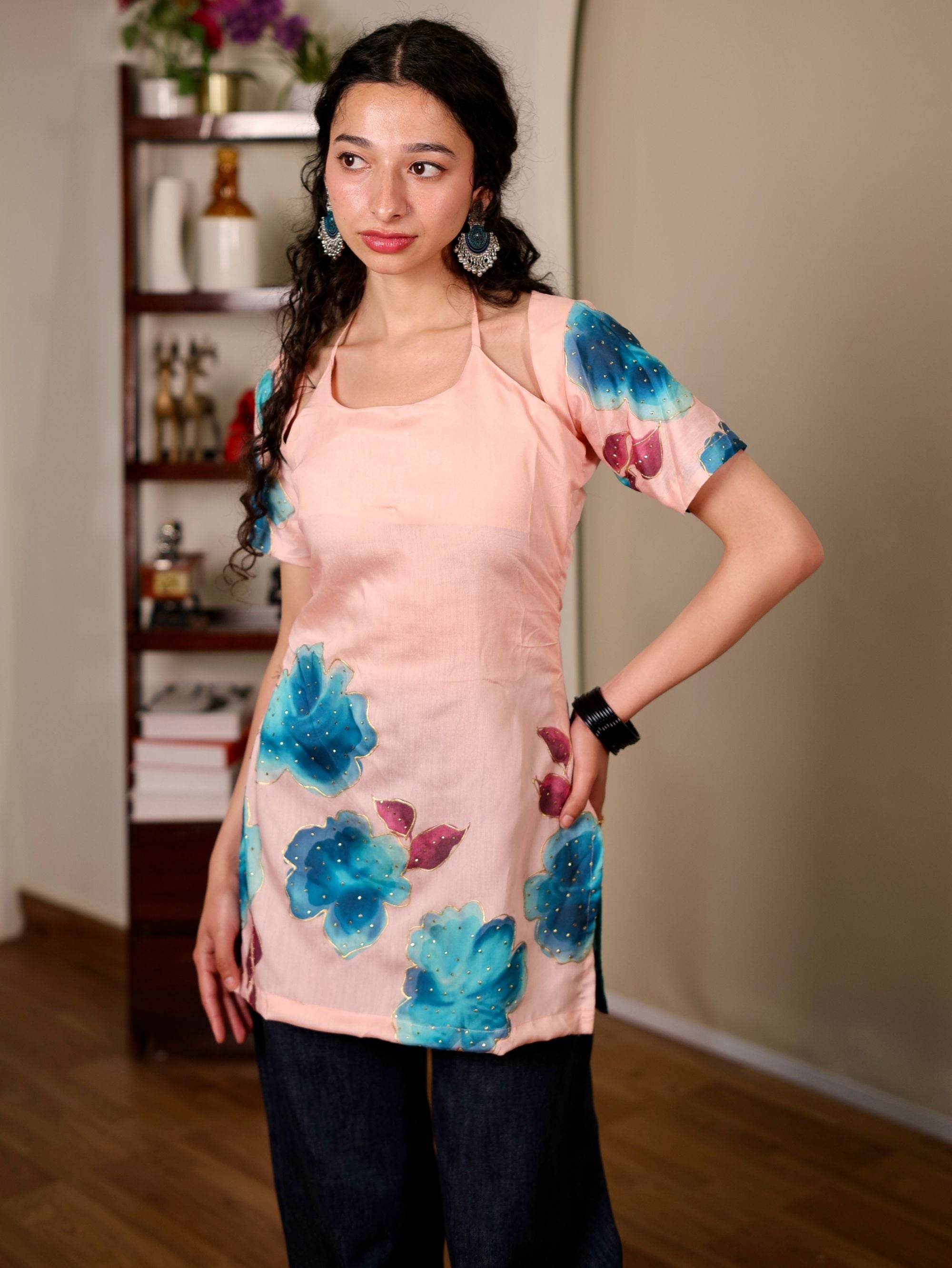 Sufi Pink Halter Neck Short Kurti