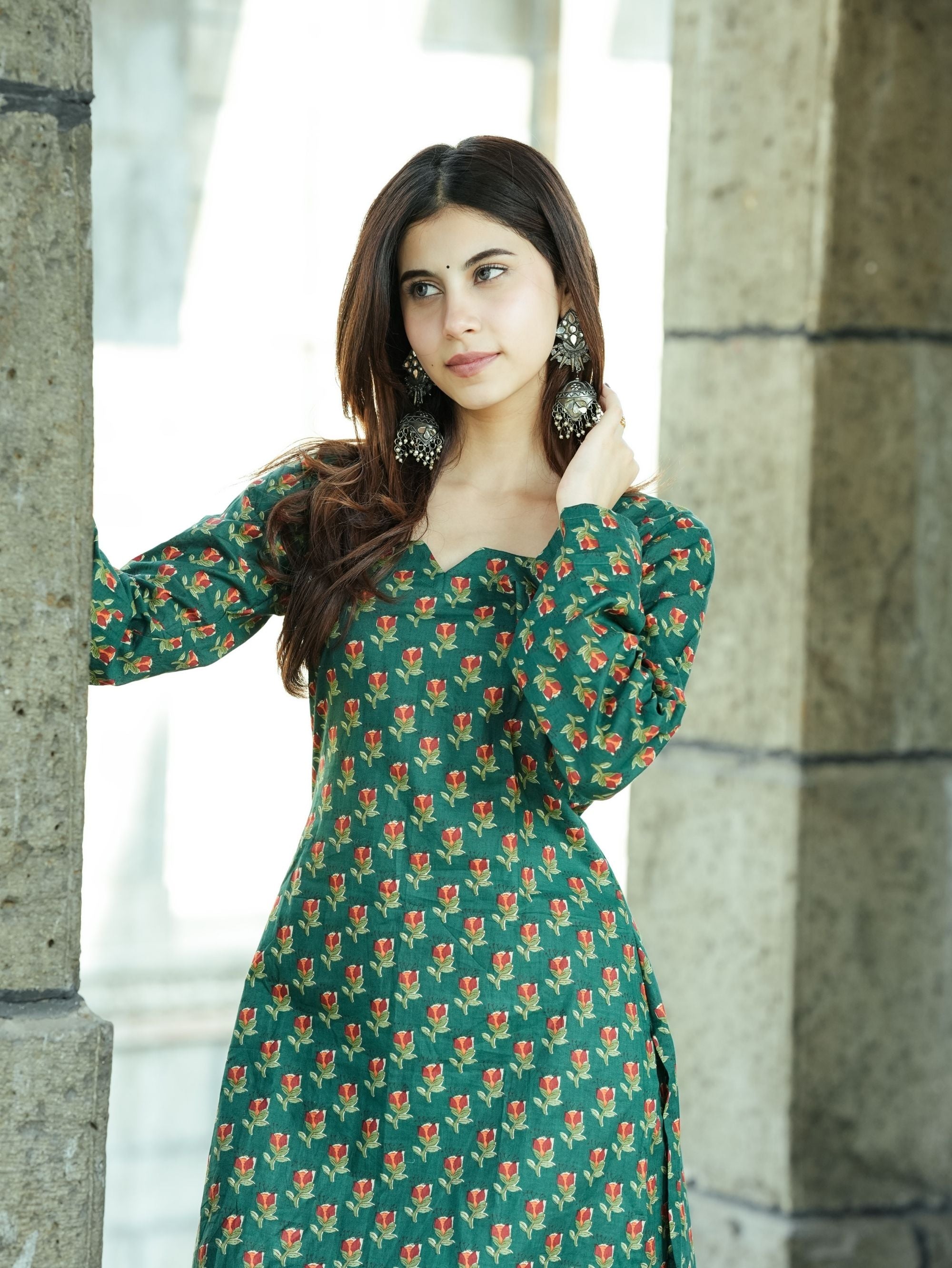 Samira Green Printed Cotton Kurta Pant Set